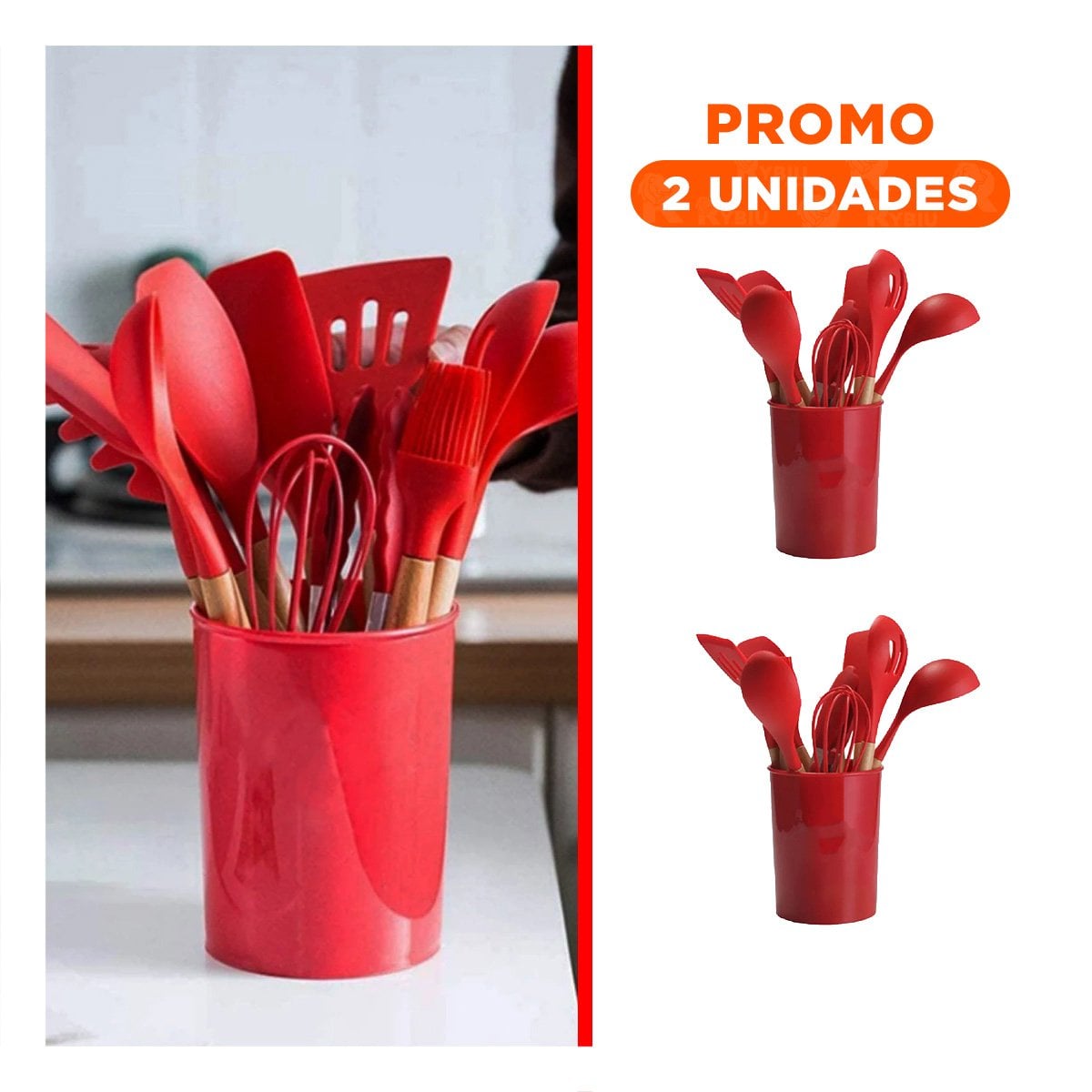PACK2 CONJUNTO DOMESTICO 12 PIEZAS FABRICADO EN SILICONA COLOR ROJO PARA HOGAR Y+REGALO STICKER - 1