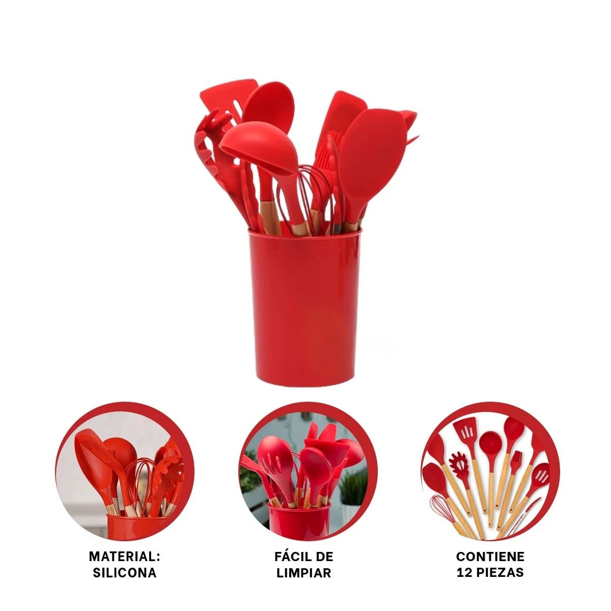 SET COMPLETO DE 12 PIEZAS EN SILICONA COLOR ROJO PARA PREPARACION DE ALIMENTOS Y+PAPEL REGALO - 5