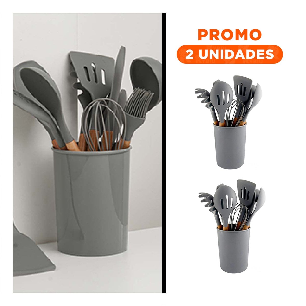 PACK2 CONJUNTO DOMESTICO 12 PIEZAS FABRICADO EN SILICONA COLOR GRIS PARA HOGAR Y+REGALO STICKER - 1