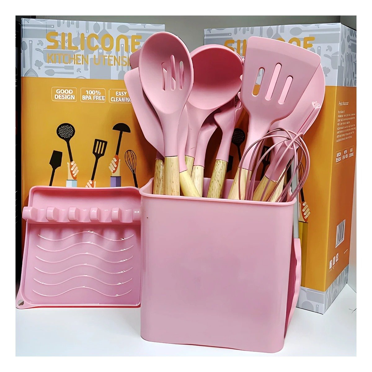 CUCHARONES PROFESIONALES DE COLOR ROSADO DE SILICONA SET DE 11 CON BASE Y+POST IT - 1