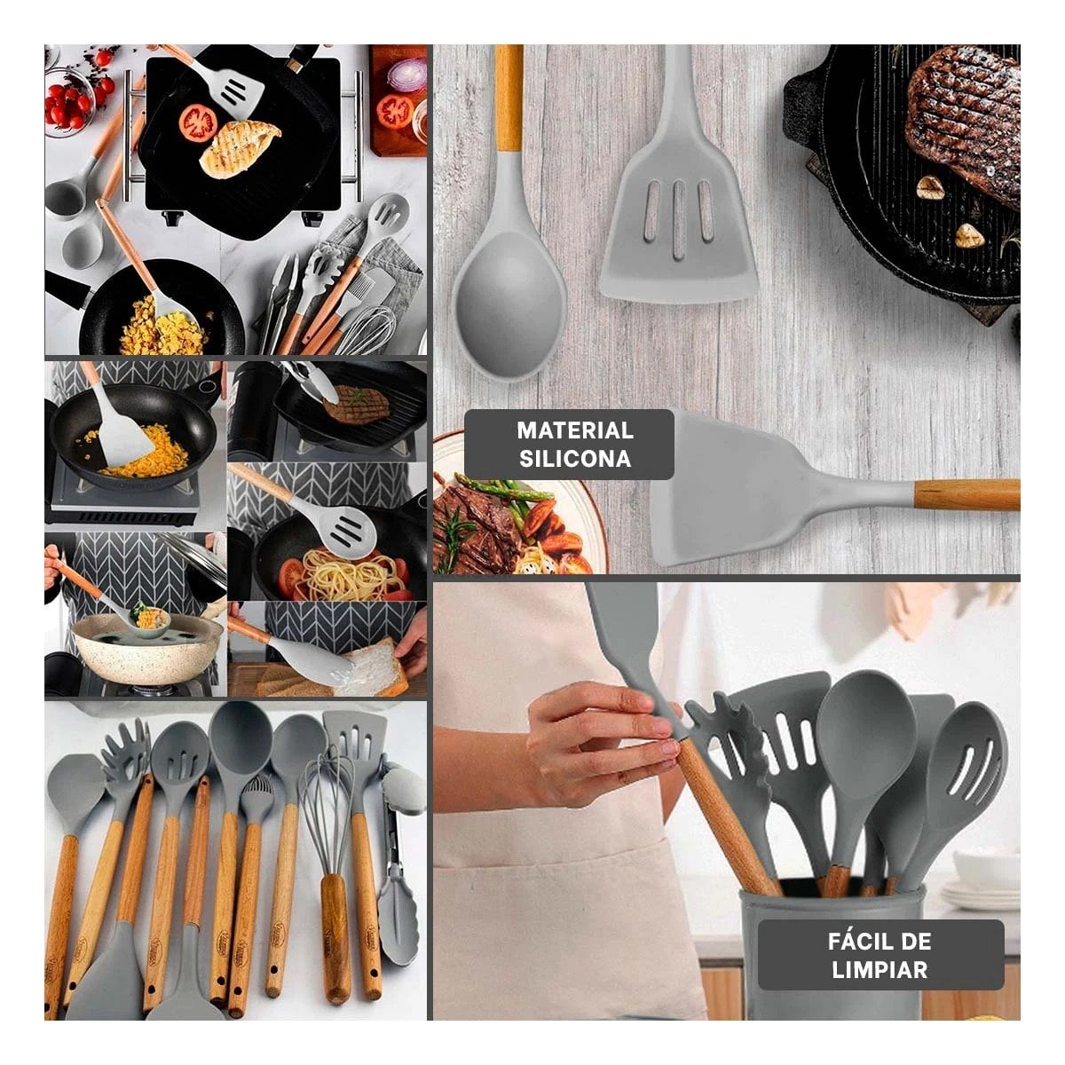 SET DE UTENSILIOS COLOR GRIS EN SILICONA CON 12 PIEZAS PARA COCINA FAMILIAR Y+LIGAS REGALO - 1