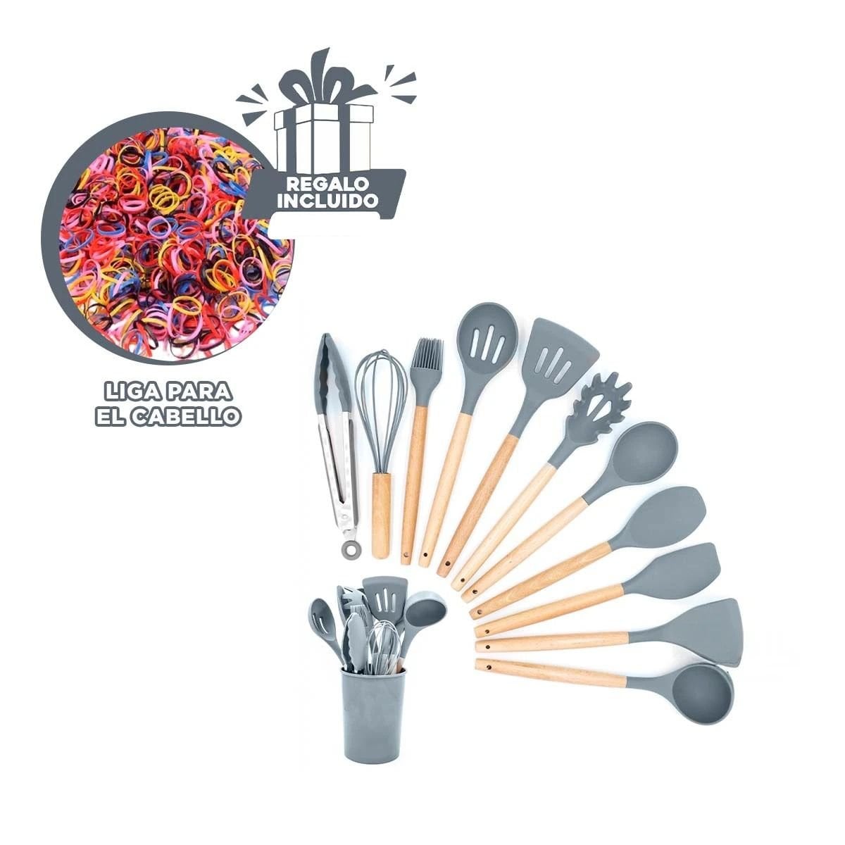 SET DE UTENSILIOS COLOR GRIS EN SILICONA CON 12 PIEZAS PARA COCINA FAMILIAR Y+LIGAS REGALO - 2