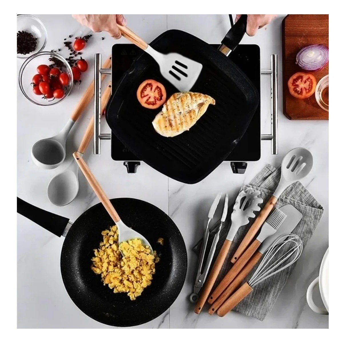 SET DE UTENSILIOS COLOR GRIS EN SILICONA CON 12 PIEZAS PARA COCINA FAMILIAR Y+LIGAS REGALO - 3