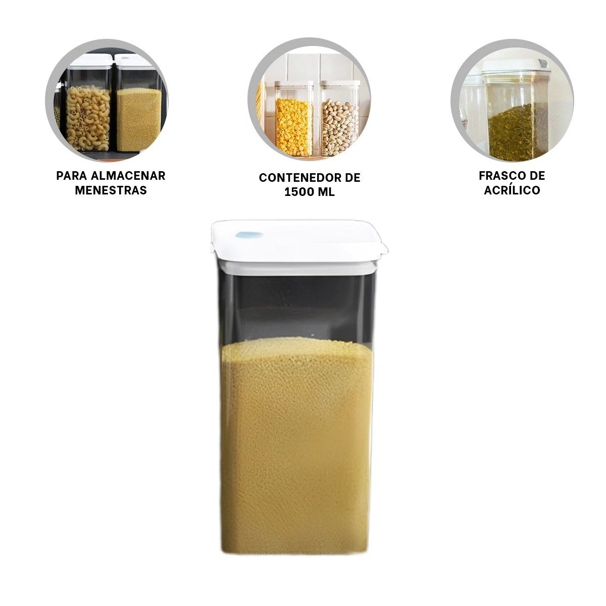 FRASCO ACRILICO ORGANIZADOR HARINAS Y AZUCAR TAPA BLANCA PUNTO PLOMO 1500ML Y+LIGAS REGALO - 5