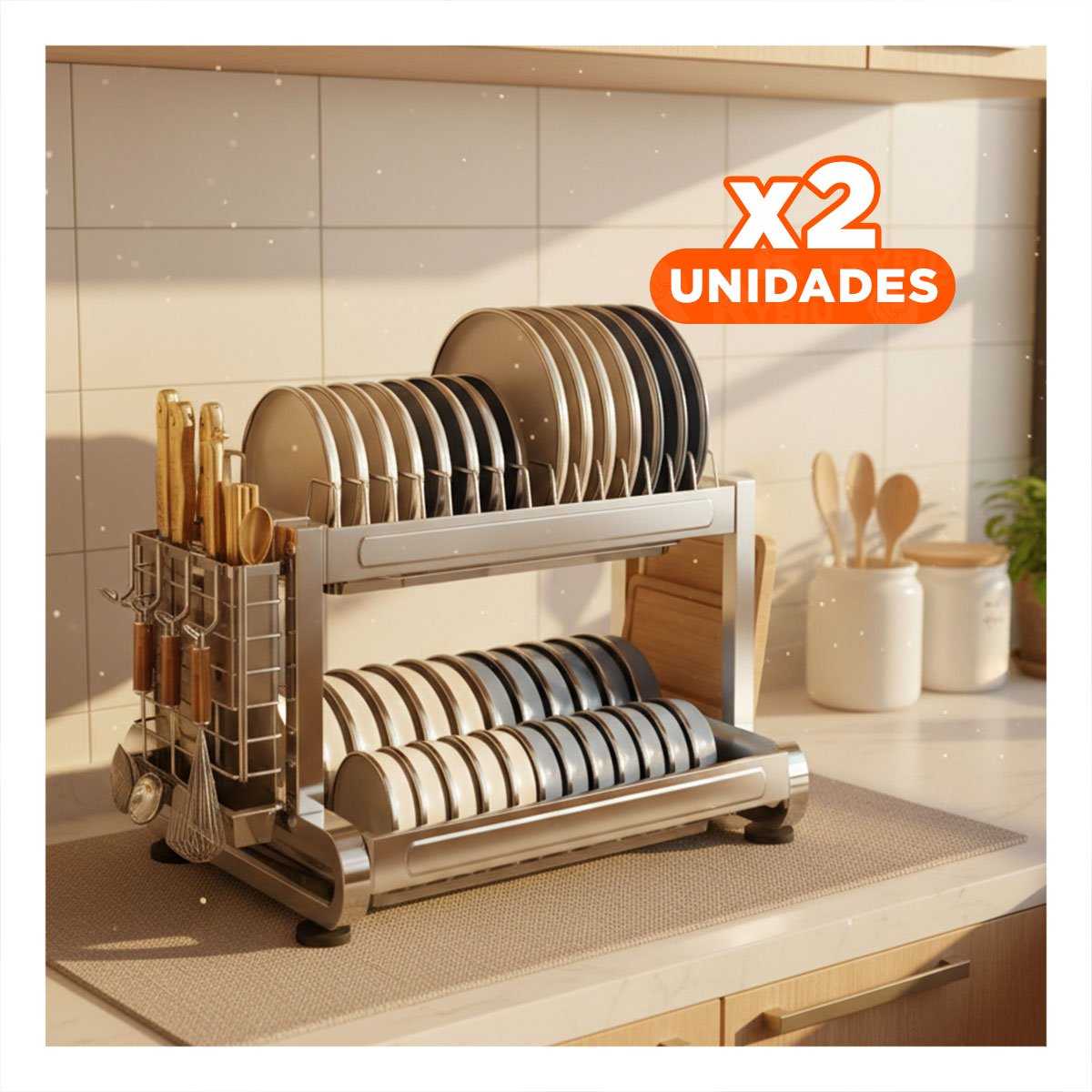 PACK2 SECADOR DE PLATOS Y UTENSILIOS 2 NIVELES CON ACERO PLATEADO - 1