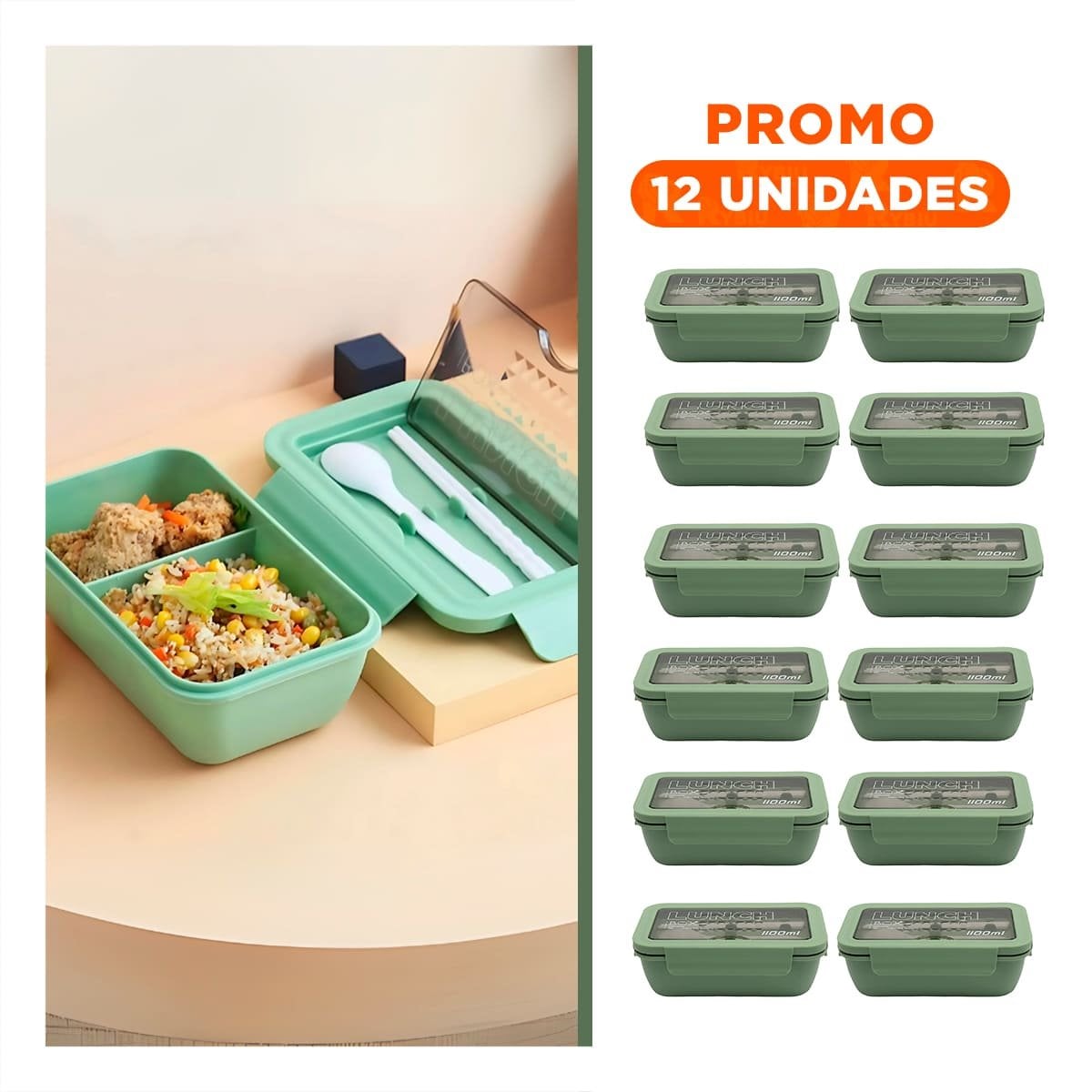 PACK12 RECIPIENTE CON SEPARACION INTERNA EN DOS VERDE 1100ML INCLUYE CUBIERTOS - 1