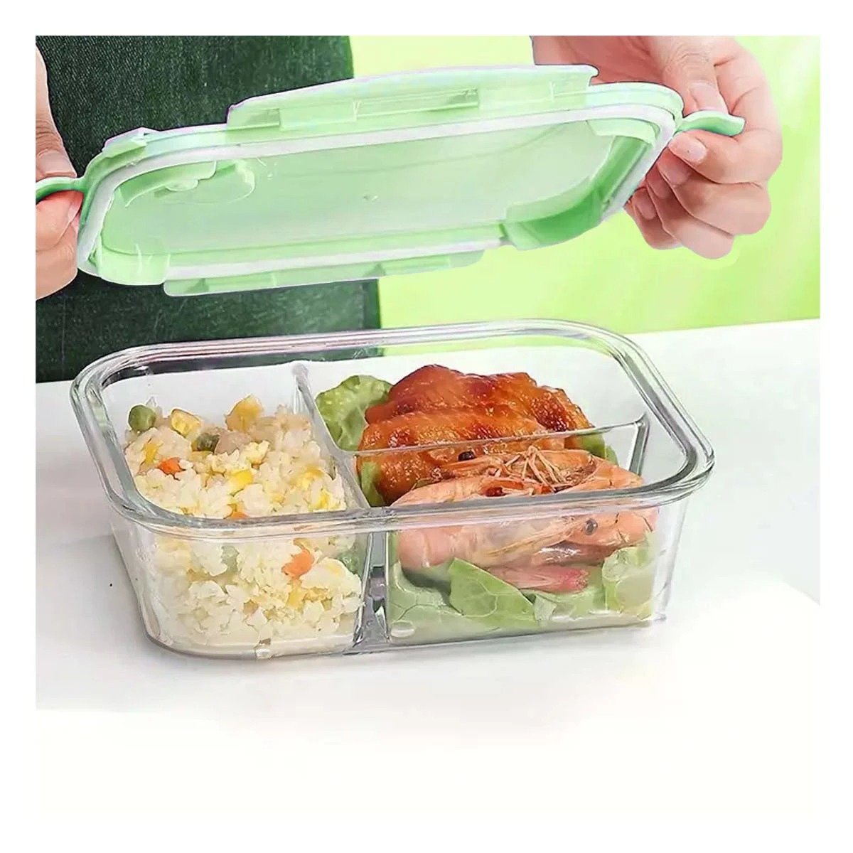 PACK4 ENVASE DE COCINA EN VIDRIO VERDE CON 3 DIVISIONES FUNCIONALES Y+PAPEL REGALO - 2