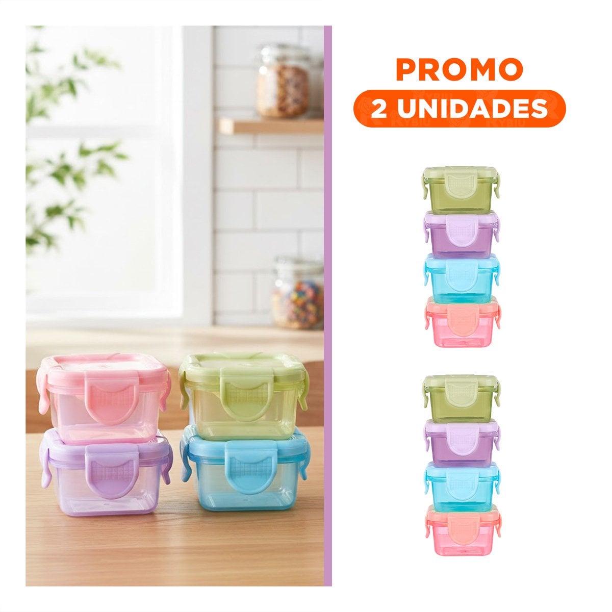 PACK2 CONTENEDORES MINI CON SEGURO 4 PIEZAS MULTICOLOR 7X4CM PARA USO EN HOGAR Y+REGALO STICKER - 1