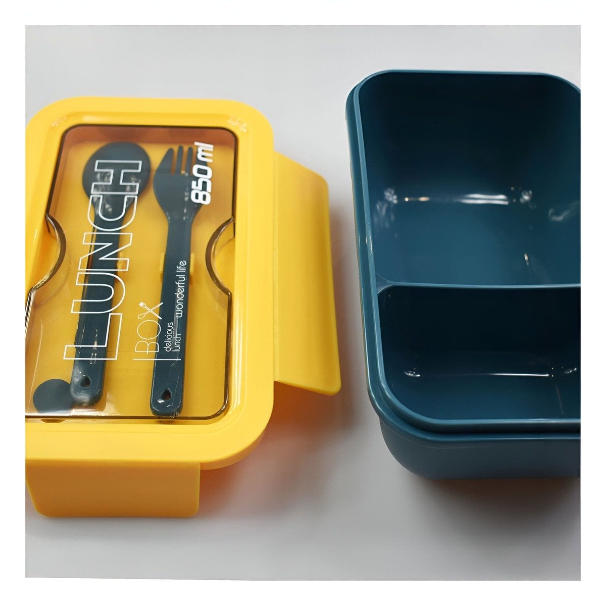 TAPER PRÁCTICO 850ML CON CUBIERTOS AZUL Y AMARILLO PARA COMIDAS FAMILIARES Y+POST IT - 1