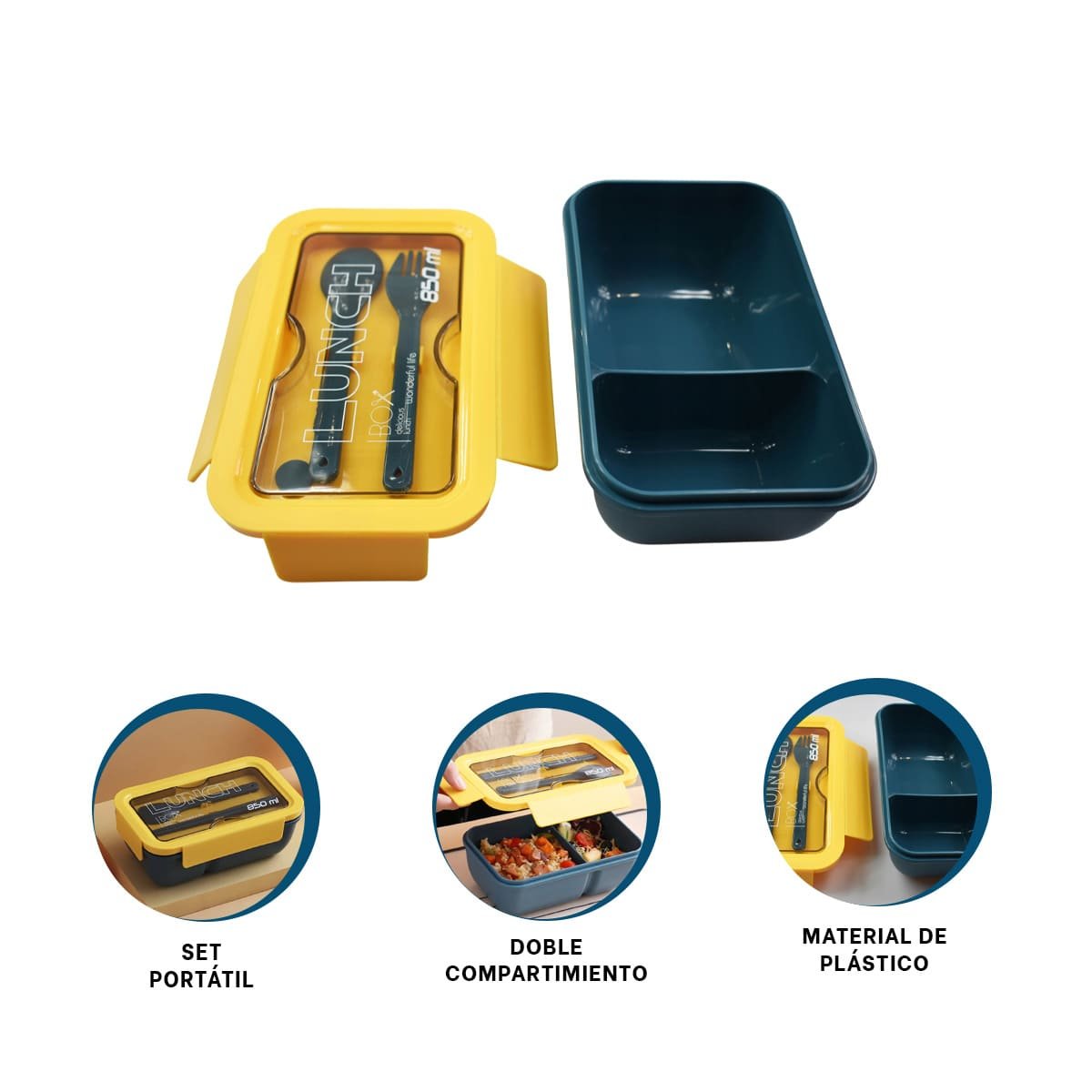 TAPER PRÁCTICO 850ML CON CUBIERTOS AZUL Y AMARILLO PARA COMIDAS FAMILIARES Y+POST IT - 5