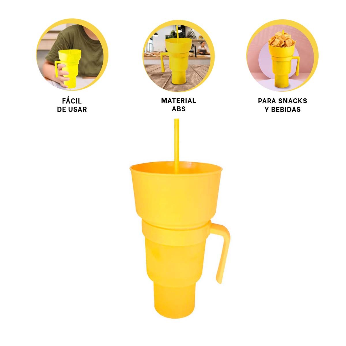 VASO 2 EN 1 AMARILLO FABRICADO EN MATERIAL ABS PARA DISFRUTAR BEBIDAS Y SNACKS Y+PAPEL REGALO - 5