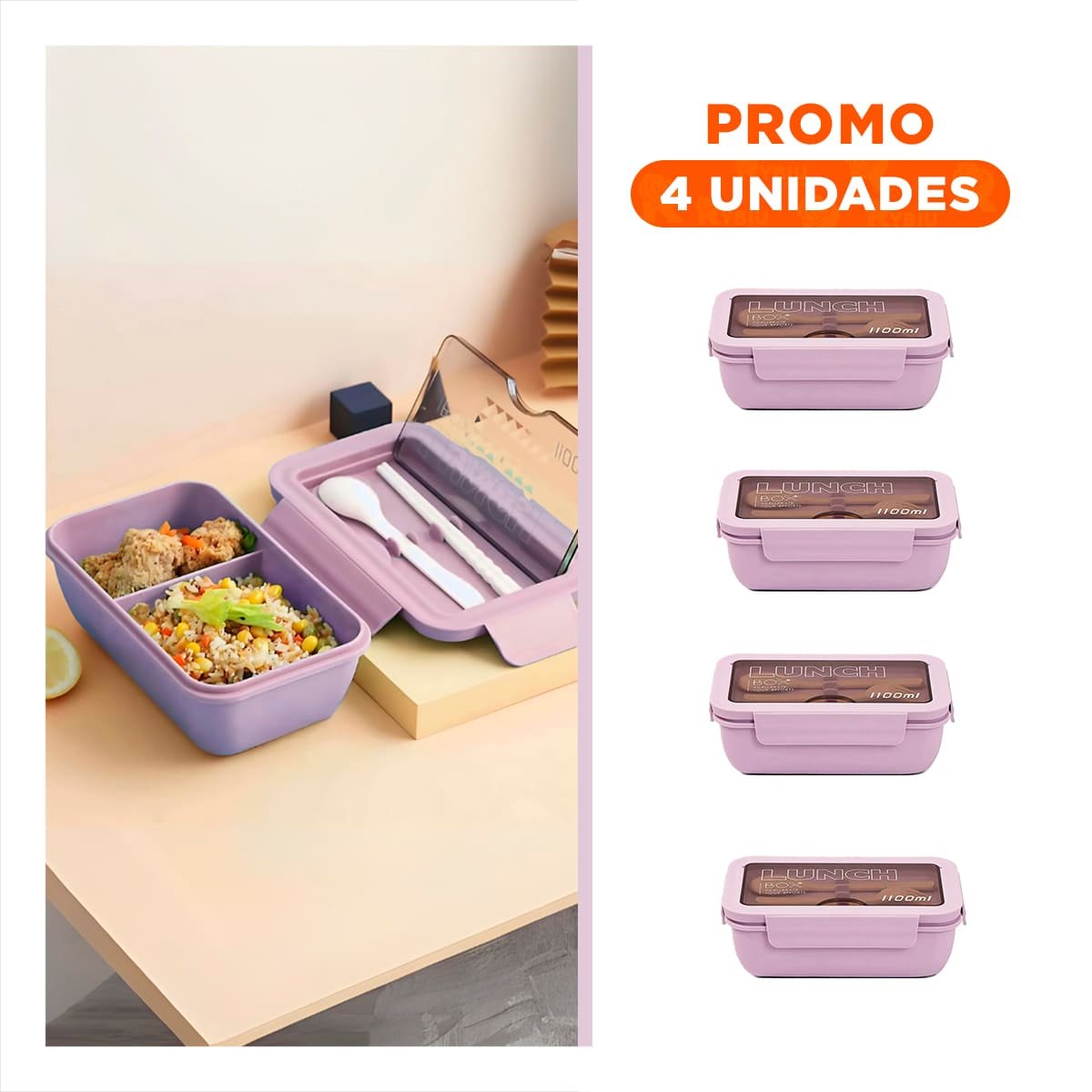 PACK4 LONCHERA MORADO 1100ML CON CUBIERTOS Y DISTRIBUCION FUNCIONAL DOBLE - 1