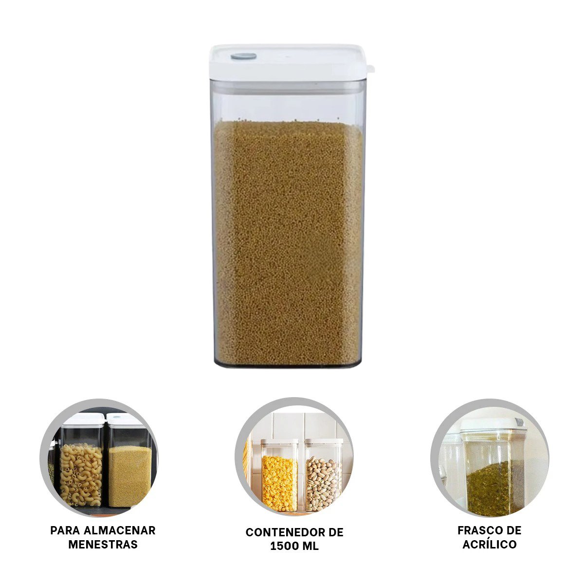 FRASCO ACRILICO PARA GUARDAR CEREALES Y LEGUMBRES TAPA BLANCA PUNTO PLOMO 1500ML Y+PAPEL REGALO - 5