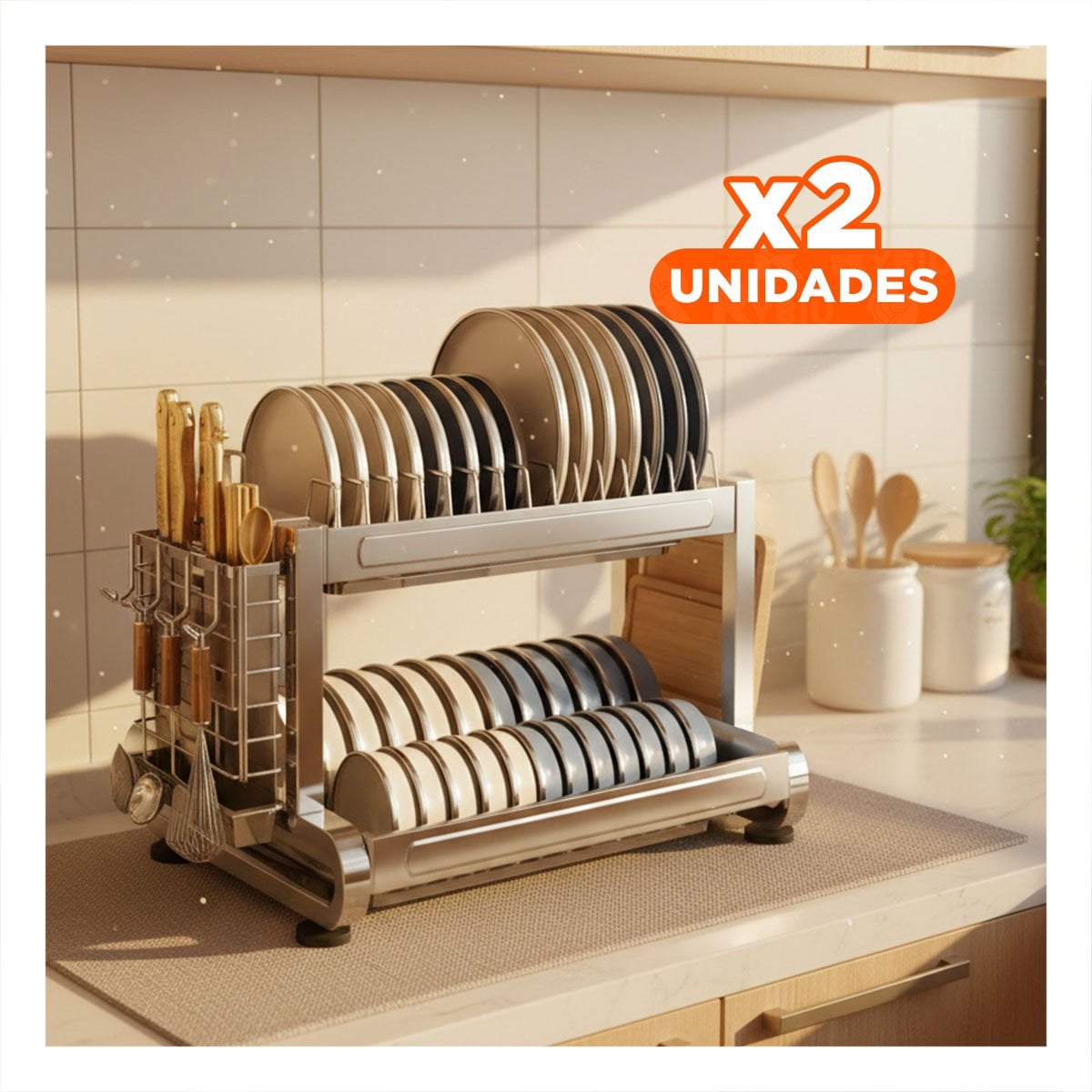 PACK2 SECADOR DE COCINA COMPACTO CON BANDEJA Y BASE DE ACERO PLATEADO YPAPEL REGALO - 1