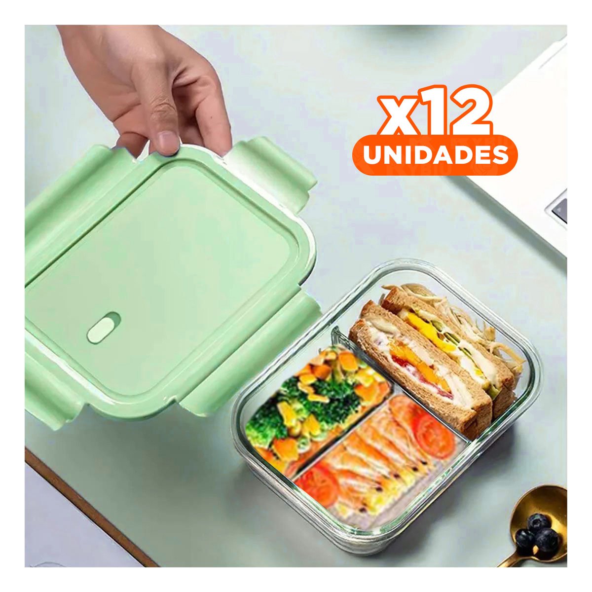 PACK12 RECIPIENTE DE VIDRIO VERDE PARA ALMUERZO CON 3 DIVISIONES Y+REGALO STICKER - 1