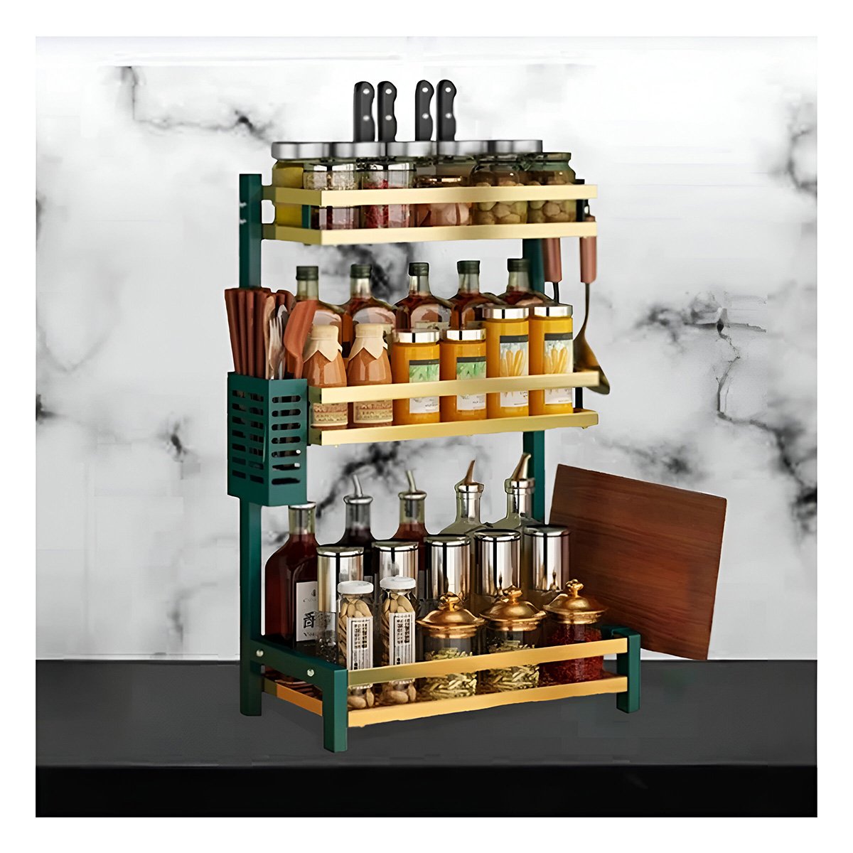 PACK4 SOPORTE METALICO PARA CONDIMENTOS EN 3 NIVELES COLOR VERDE DORADO Y+PAPEL REGALO - 5