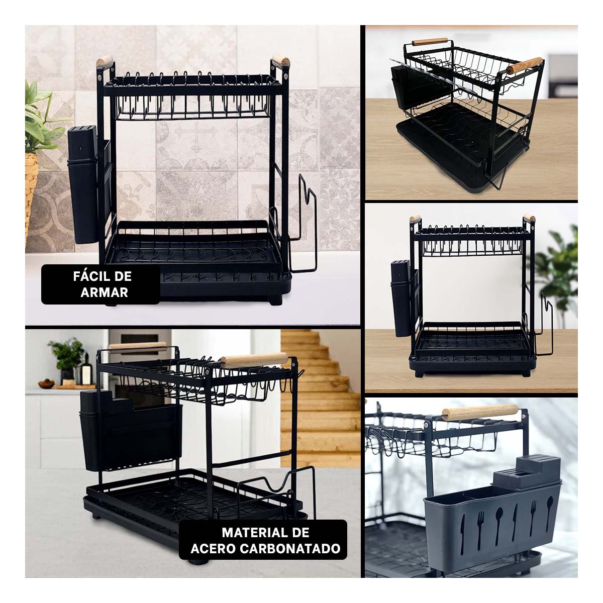ESCURRIDOR MULTIFUNCIONAL COCINA 2 NIVELES CON BASE Y ASAS NEGRO YLIGAS REGALO - 1