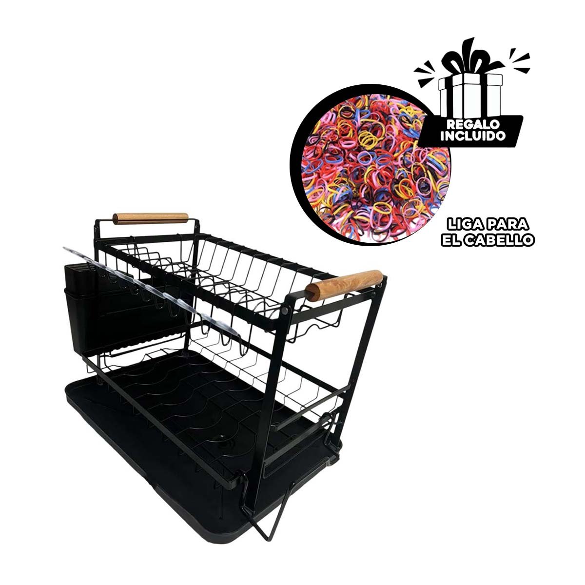 ESCURRIDOR MULTIFUNCIONAL COCINA 2 NIVELES CON BASE Y ASAS NEGRO YLIGAS REGALO - 2