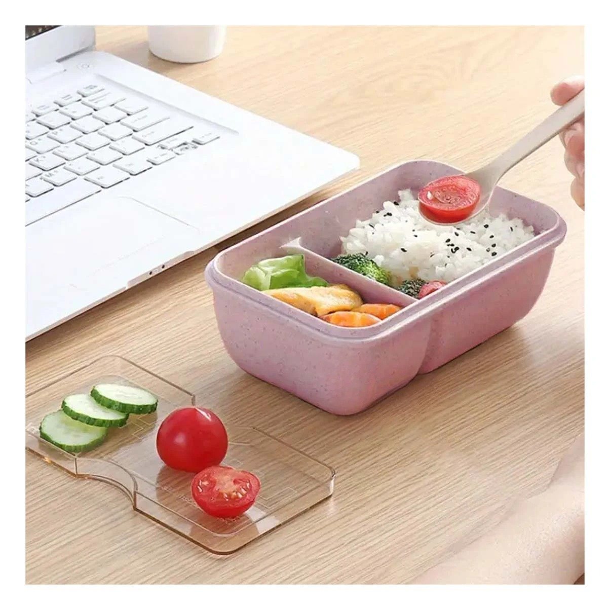 TAPER CON DOS COMPARTIMENTOS EN MORADO Y CAPACIDAD 1100ML CON CUBIERTOS Y+REGALO STICKER - 2