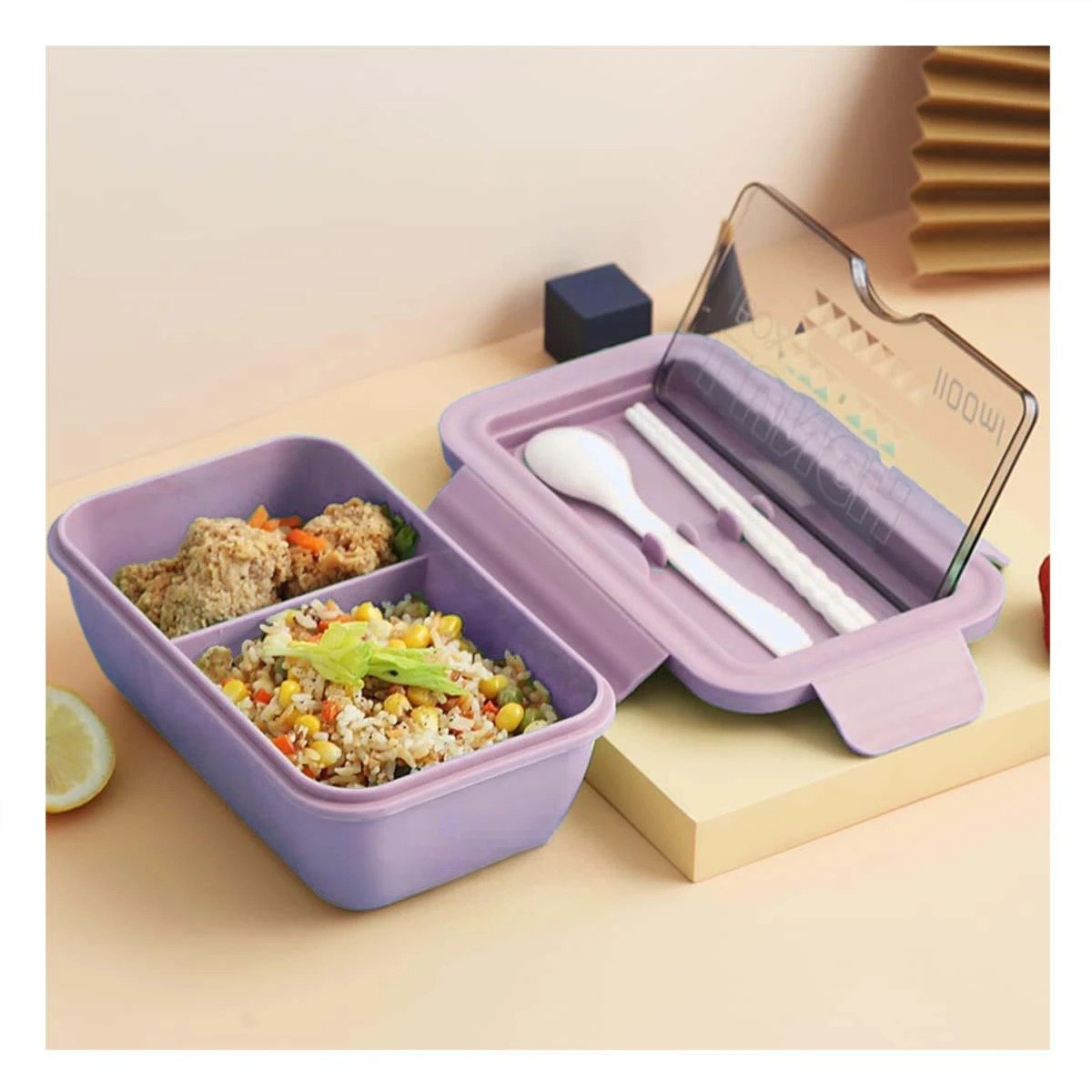 TAPER CON DOS COMPARTIMENTOS EN MORADO Y CAPACIDAD 1100ML CON CUBIERTOS Y+REGALO STICKER - 3