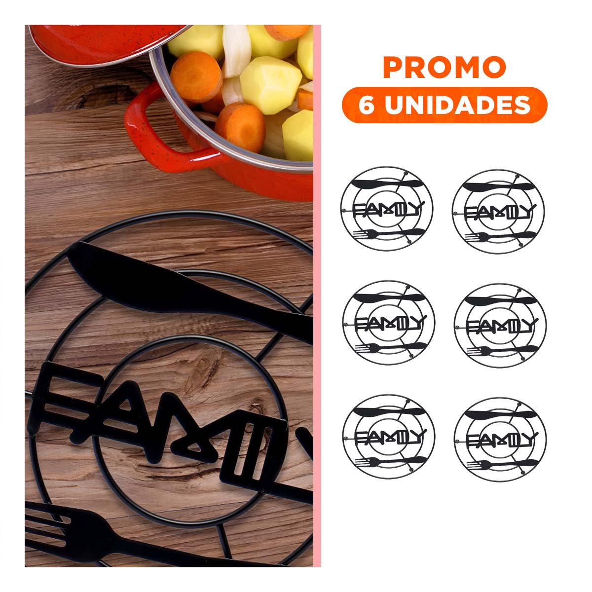 PACK6 SOPORTE OLLAS CON ESTRUCTURA METAL NEGRO PARA USO DIARIO EN HOGAR Y+REGALO STICKER - 1