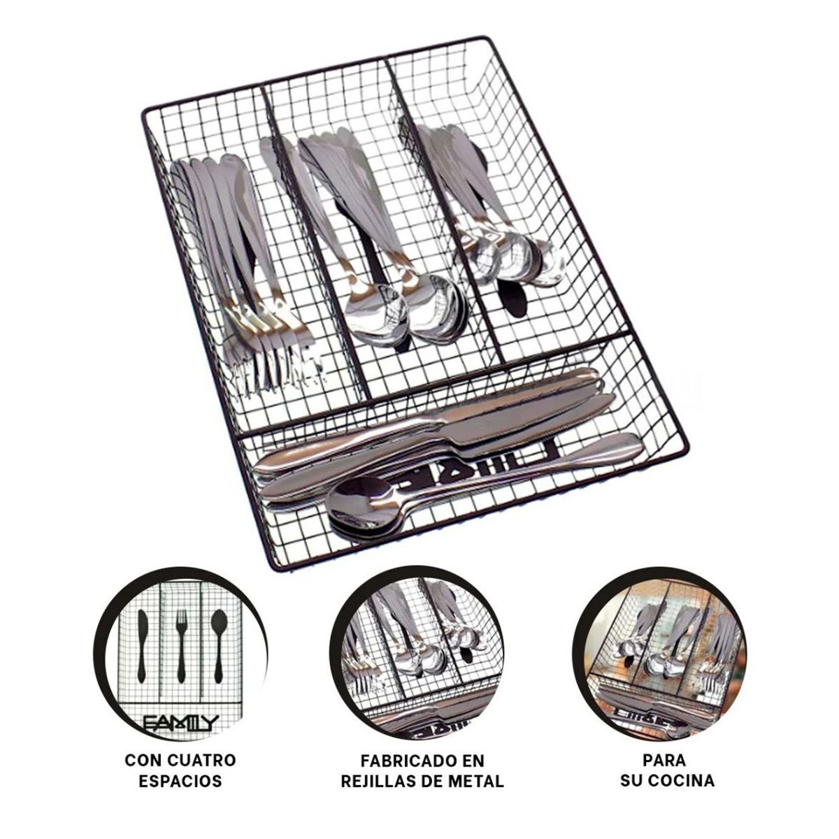 CAJA ORGANIZADORA NEGRO EN METAL CON 4 ESPACIOS PARA CUBIERTOS Y UTENSILIOS Y+POST IT - 5
