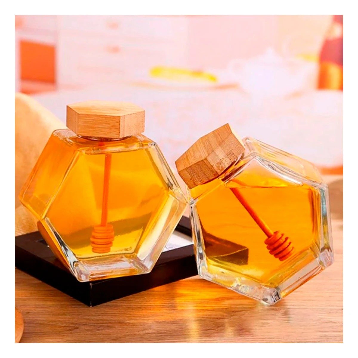 FRASCO EN VIDRIO CON TAPA DE MADERA PARA MESA CAPACIDAD 380ML Y+REGALO STICKER - 2