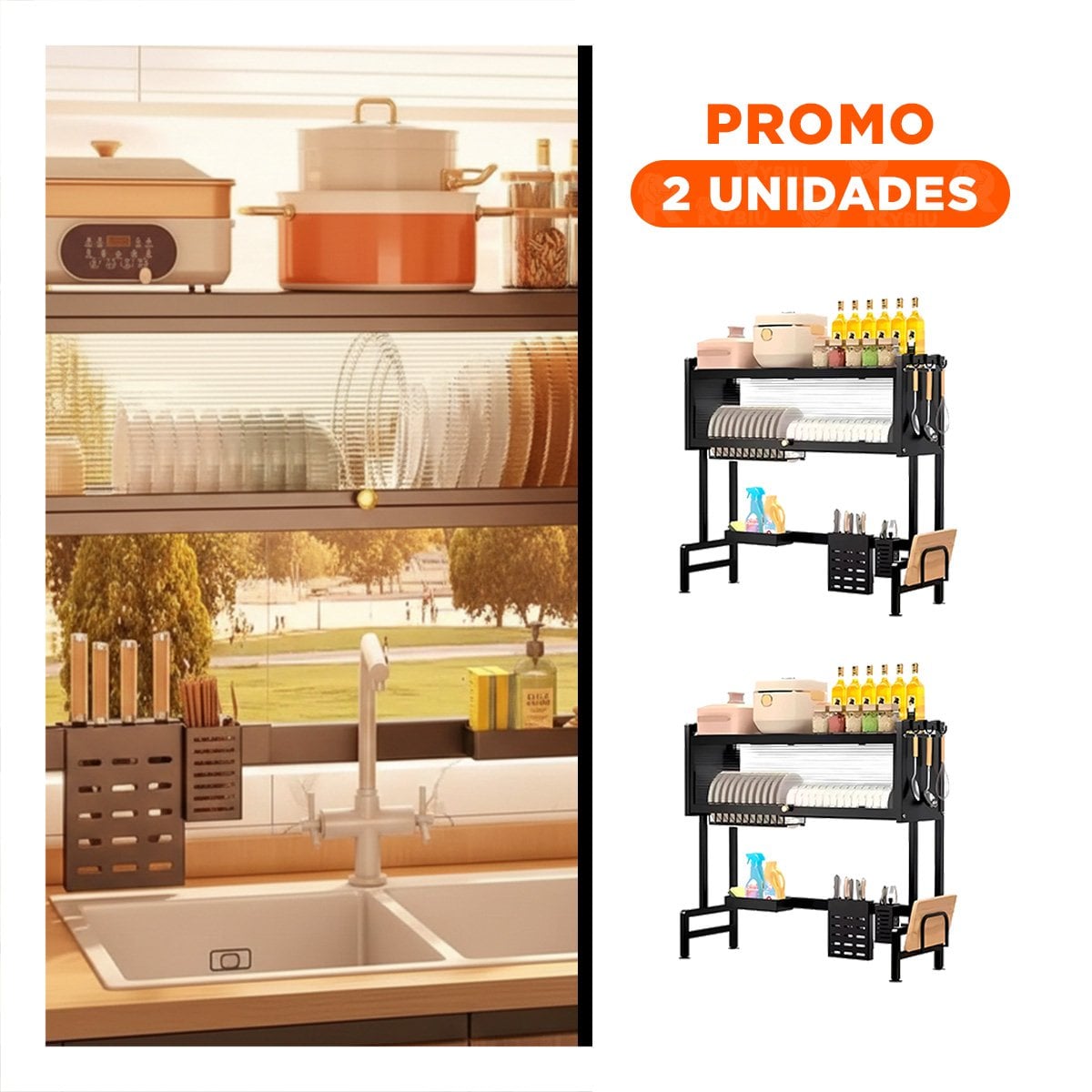 PACK2 SECADOR MULTIFUNCIONAL 85CM CON ESPACIO PARA VAJILLA Y VASOS NEGRO YREGALO STICKER - 1