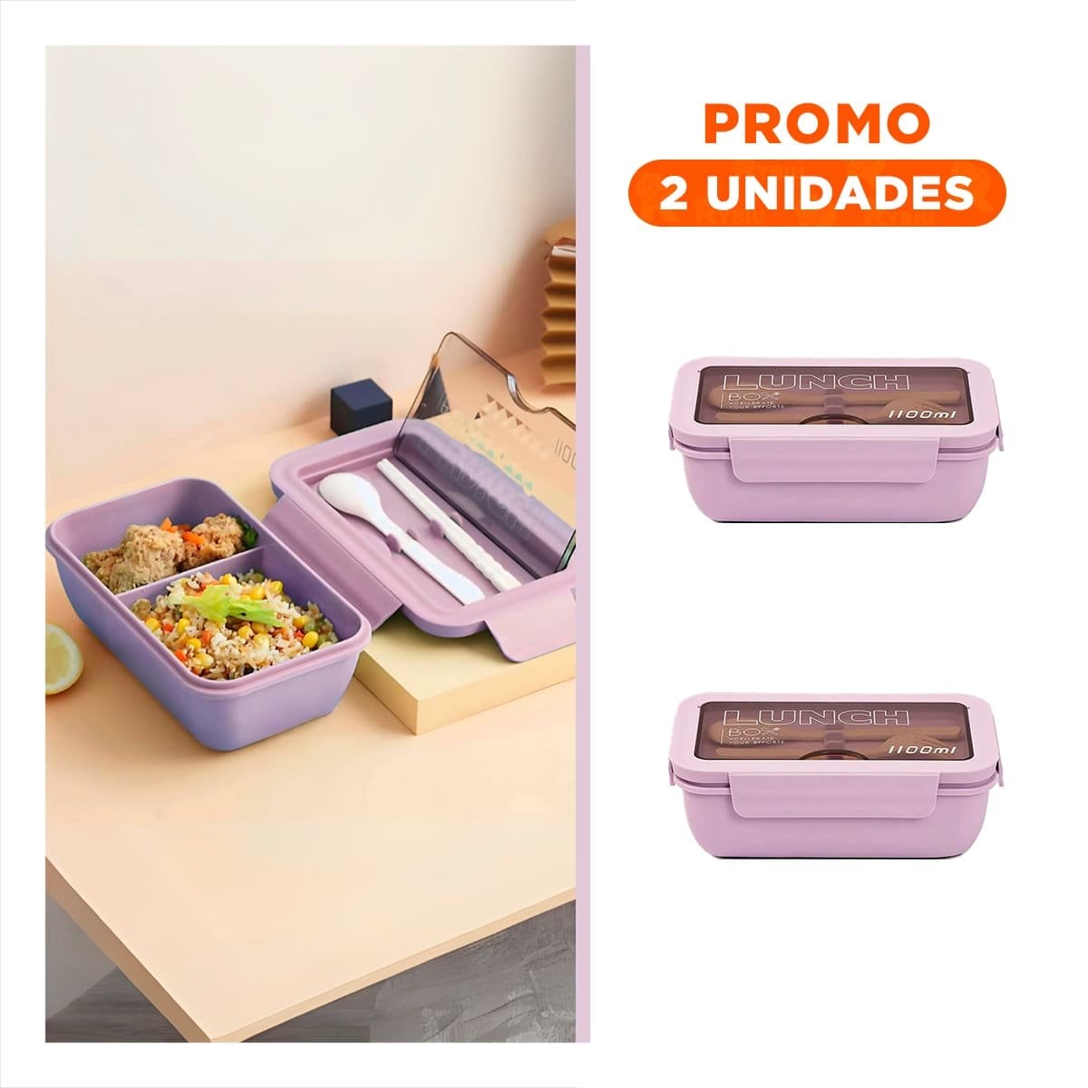 PACK2 LONCHERA CON SISTEMA DE 1100ML MORADO INCLUYE CUBIERTOS Y+REGALO STICKER - 1
