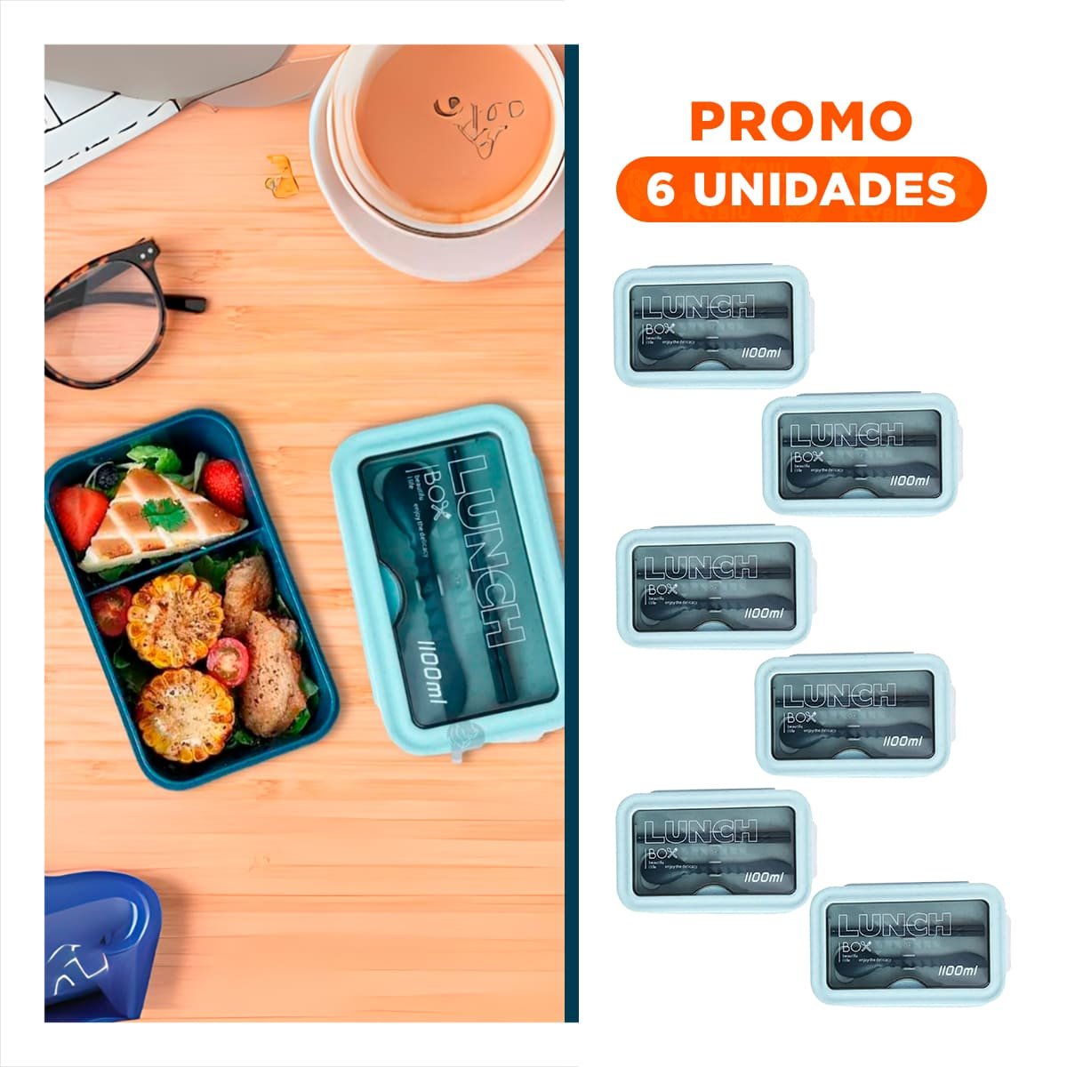 PACK6 RECIPIENTE 1100ML AZUL CON CUBIERTOS Y DISTRIBUCION SEPARADA Y+REGALO STICKER - 1
