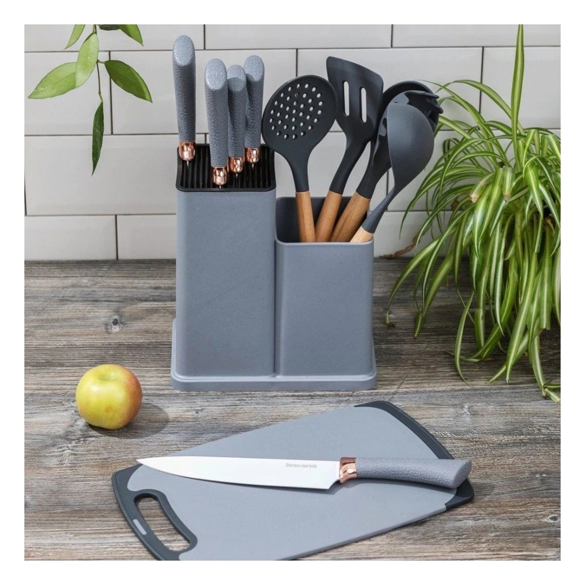 PACK2 UTENSILIOS COCINA INTEGRAL 18 PIEZAS EN ACERO INOXIDABLE ACABADO PLOMO Y+REGALO STICKER - 5