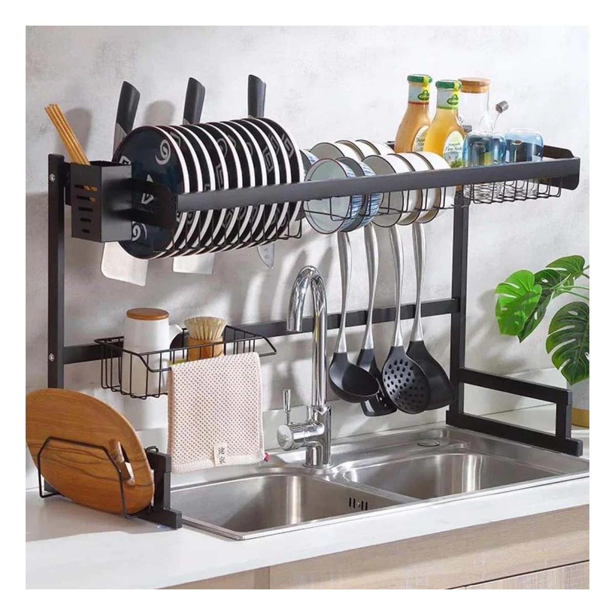 ESCURRIDOR DE PLATOS EN COLOR NEGRO 65CM CON SOPORTE PARA SUS CUCHILLOS - 1