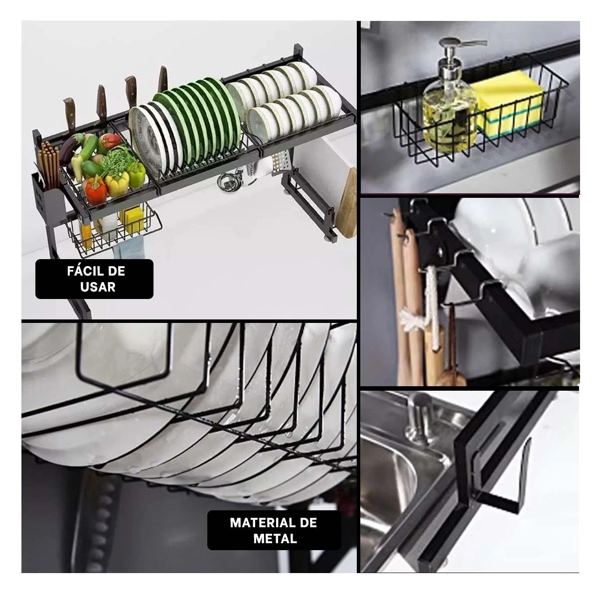 ESCURRIDOR DE PLATOS EN COLOR NEGRO 65CM CON SOPORTE PARA SUS CUCHILLOS - 2