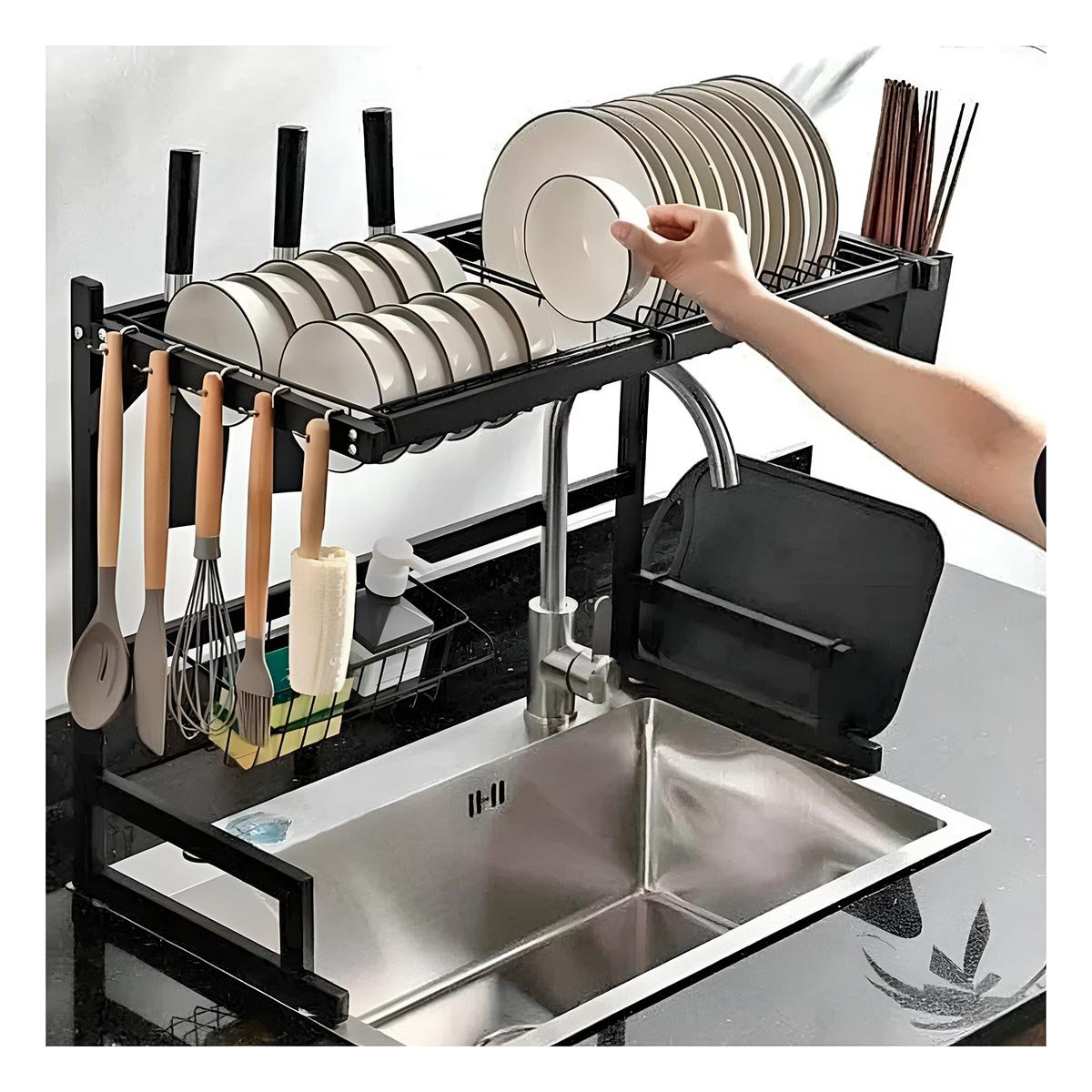 ESCURRIDOR DE PLATOS EN COLOR NEGRO 65CM CON SOPORTE PARA SUS CUCHILLOS - 3