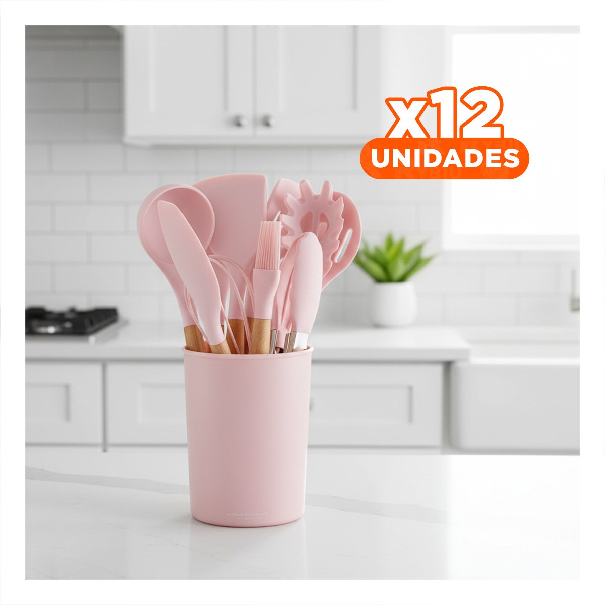 PACK12 KIT DE UTENSILIOS COLOR ROSADO CON 12 PIEZAS EN SILICONA FLEXIBLE Y+REGALO STICKER - 1