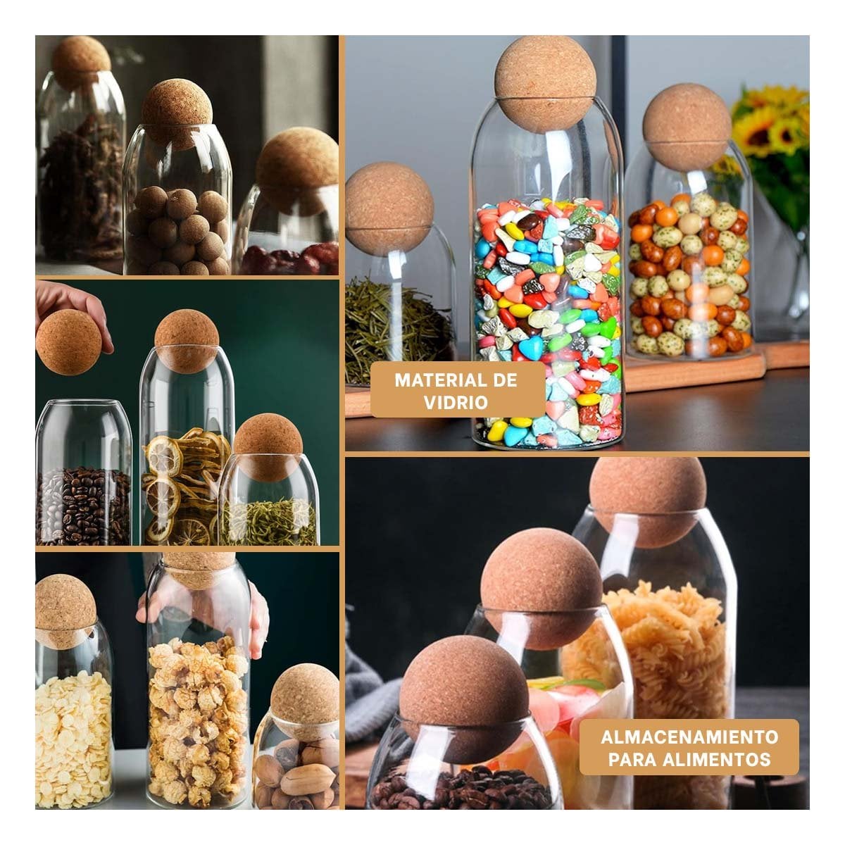 FRASCOS CON TAPA CORCHO DE ESFERA PARA GUARDAR ALIMENTOS 550ML 750ML 1200ML YLIGAS REGALO - 1