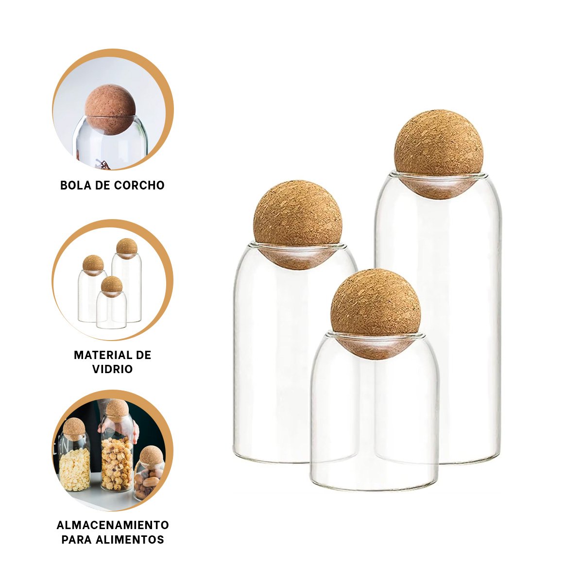 FRASCOS CON TAPA CORCHO DE ESFERA PARA GUARDAR ALIMENTOS 550ML 750ML 1200ML YLIGAS REGALO - 5