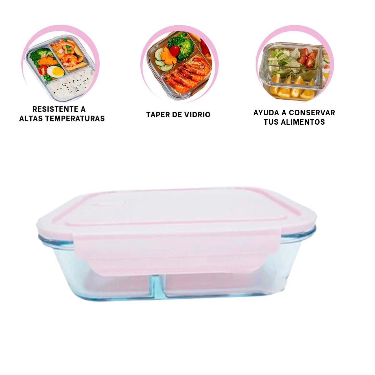 DEPOSITO DE VIDRIO ROSADO CON 3 DIVISIONES PARA CONSERVAR ALIMENTOS Y+POST IT - 5