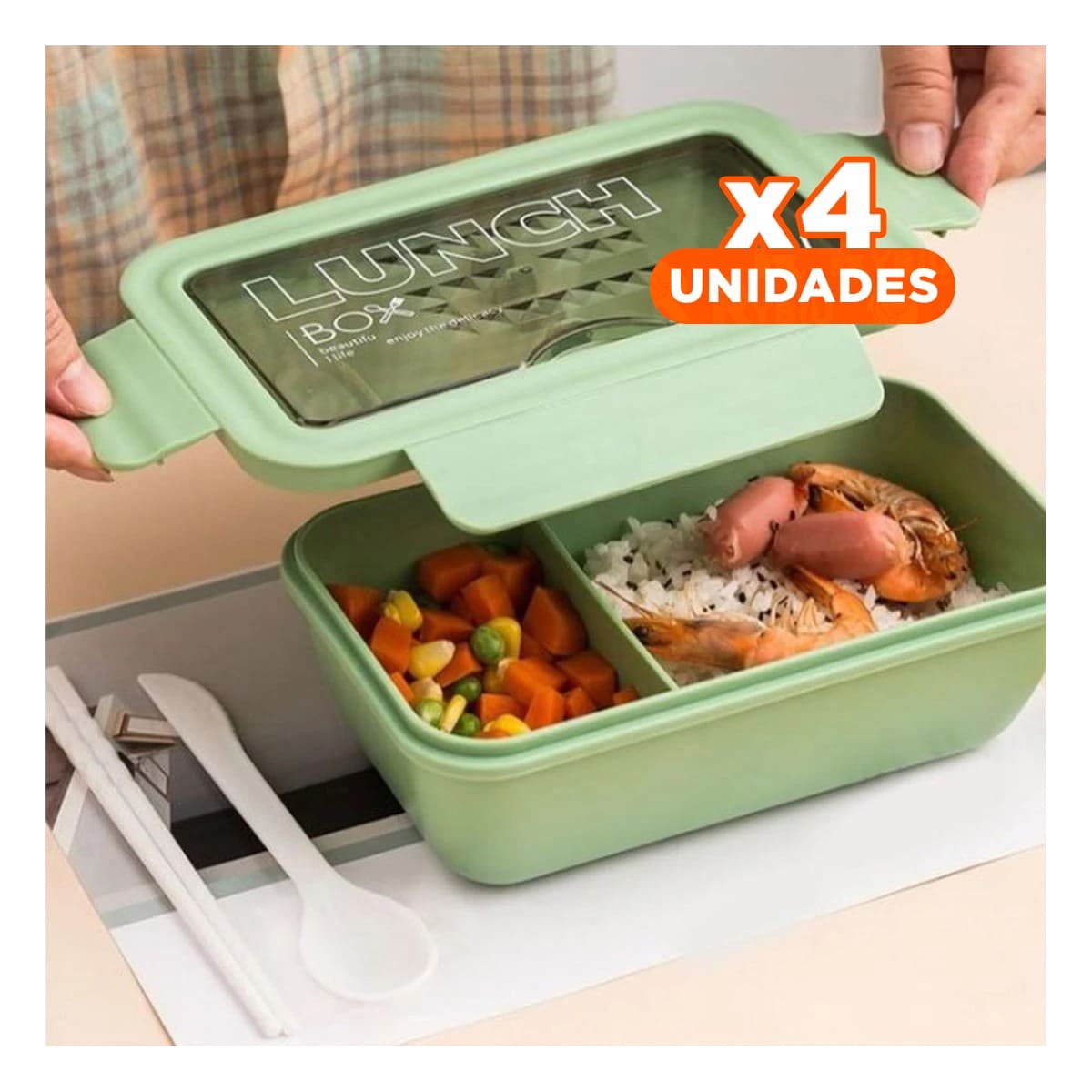 PACK4 RECIPIENTE 1100ML EN VERDE CON ESTRUCTURA INTERNA DE DOS ESPACIOS Y+REGALO STICKER - 1