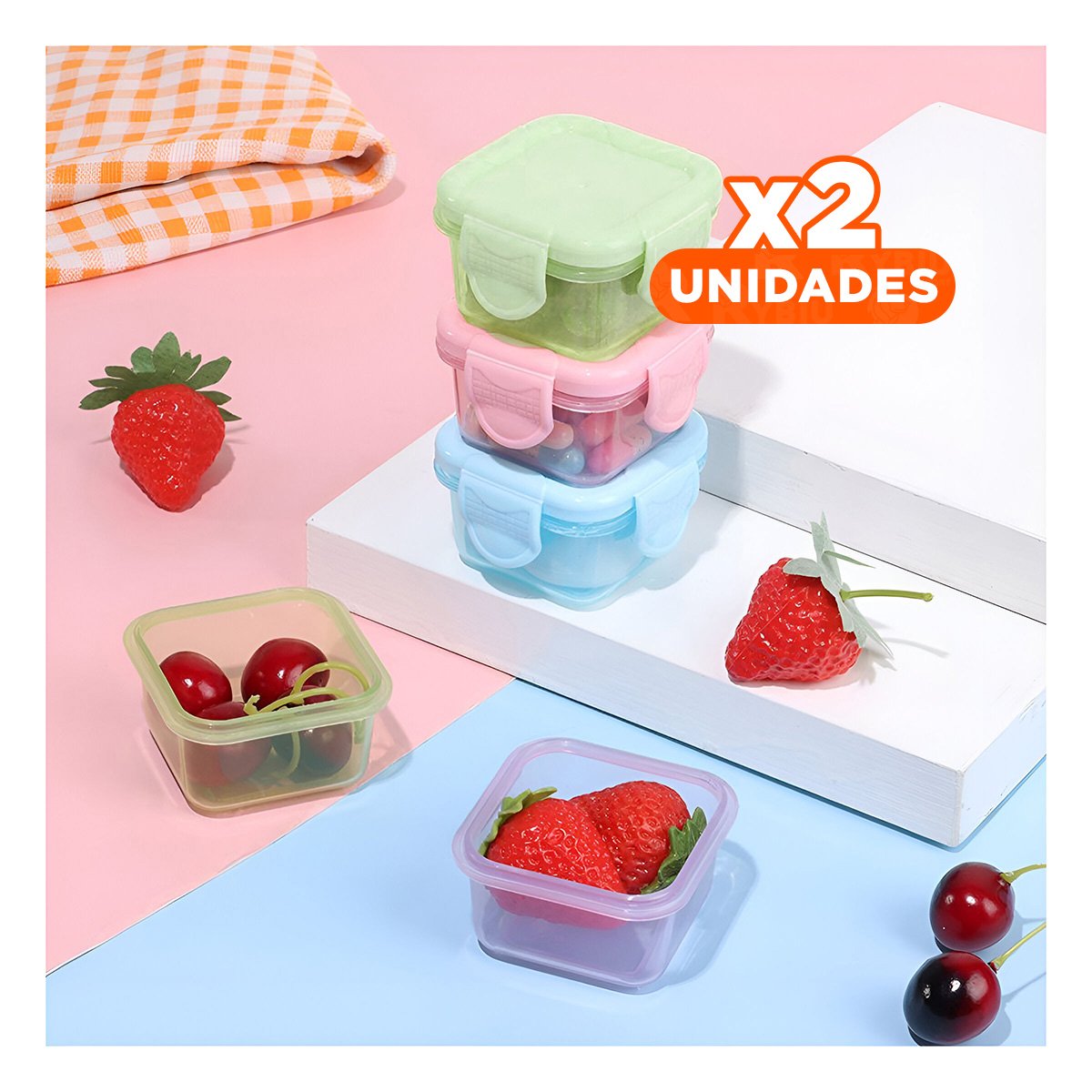 PACK2 CONTENEDORES MINI CON SEGURO 4 PIEZAS MULTICOLOR 7X4CM PARA GUARDAR COMIDA Y+PAPEL REGALO - 1