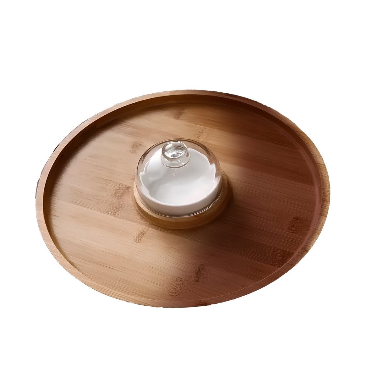 TABLA CIRCULAR DE MADERA CON MINI CUPULA Y BOWL PARA SERVIR POSTRES YREGALO STICKER - 1