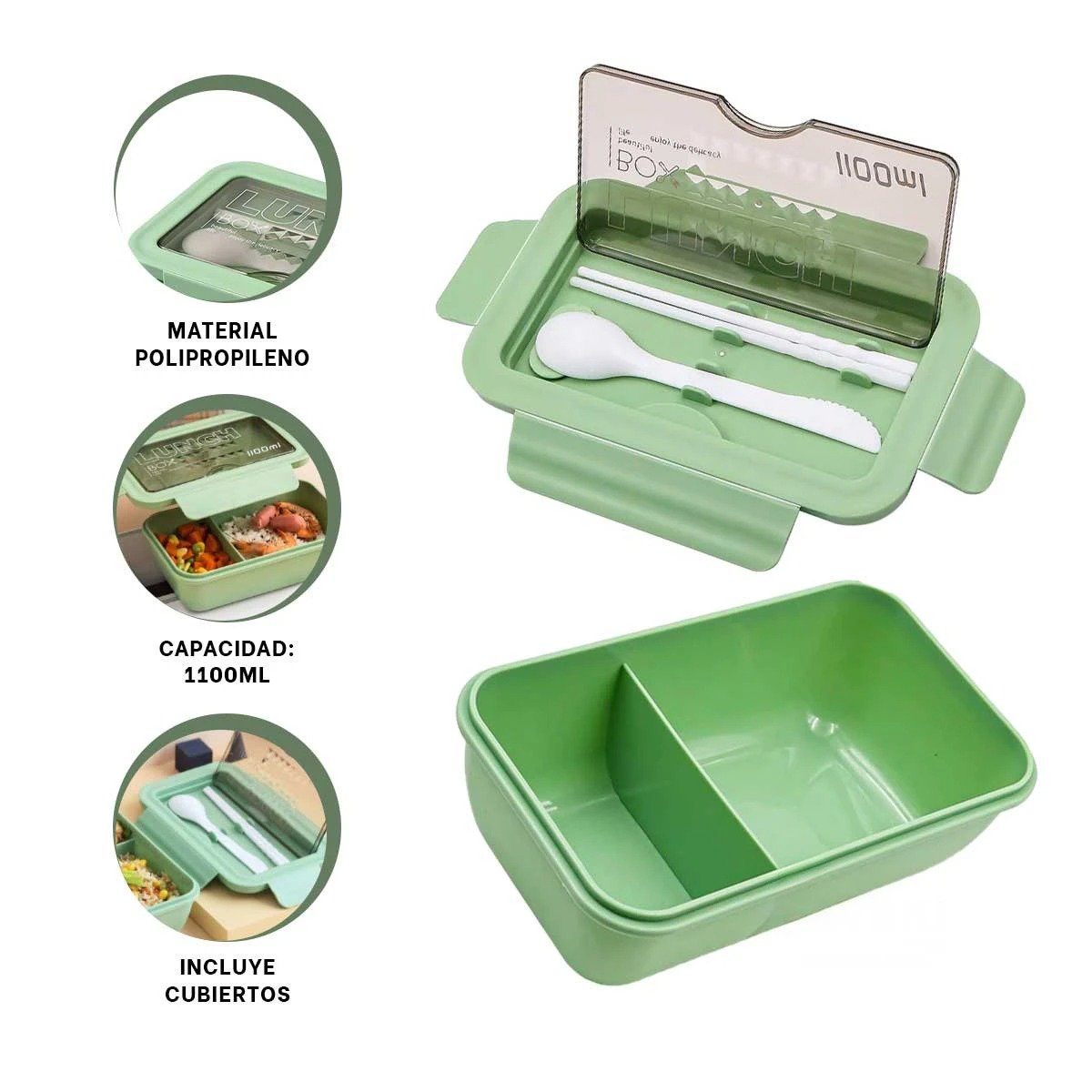 TAPER 1100ML VERDE CON CUBIERTOS Y DISTRIBUCION EN DOS COMPARTIMENTOS Y+PAPEL REGALO - 5