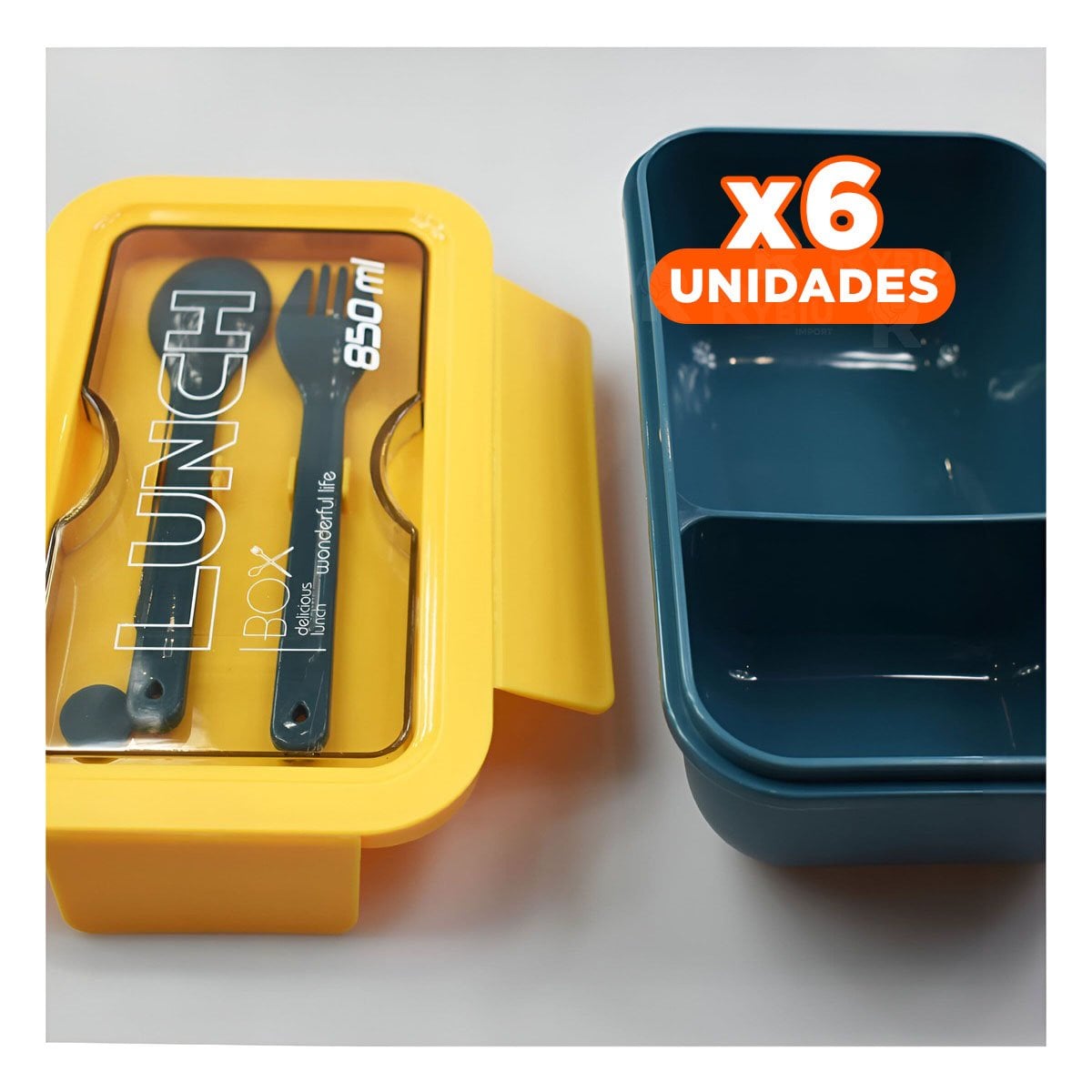 PACK6 CAJA COMPACTA 850ML CON CUBIERTOS AZUL Y AMARILLO PARA COCINA Y HOGAR - 1