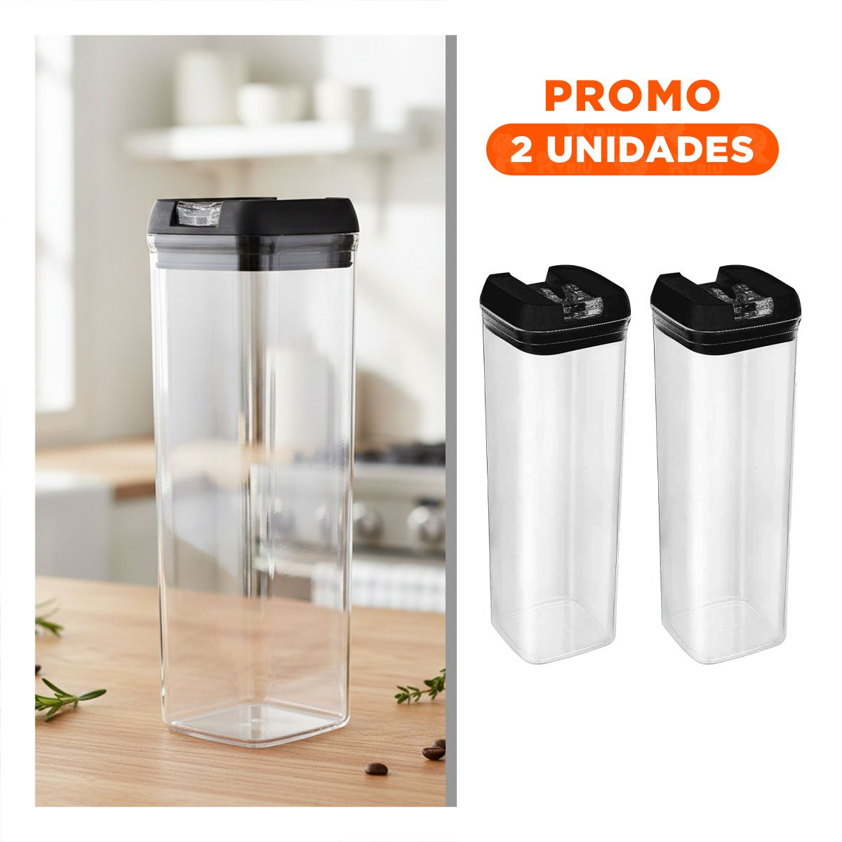 PACK2 TARRO ACRILICO ORGANIZADOR DESPENSA TAPA PALANCA NEGRO 1900ML Y+REGALO STICKER - 1