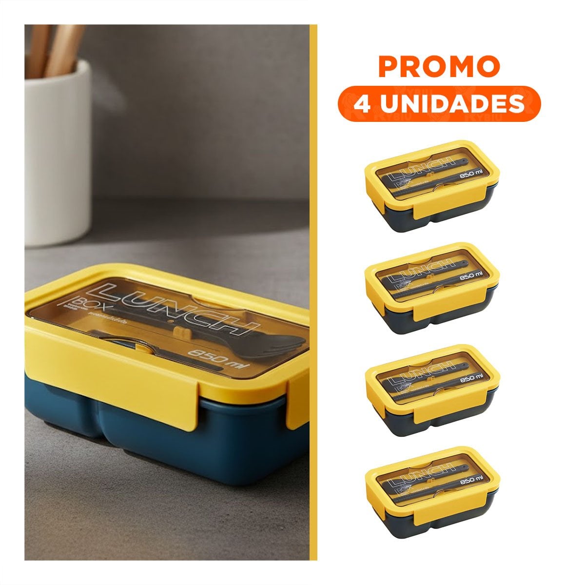 PACK4 CONTENEDOR PRÁCTICO 850ML CON CUBIERTOS AZUL Y AMARILLO PARA USO DIARIO - 1
