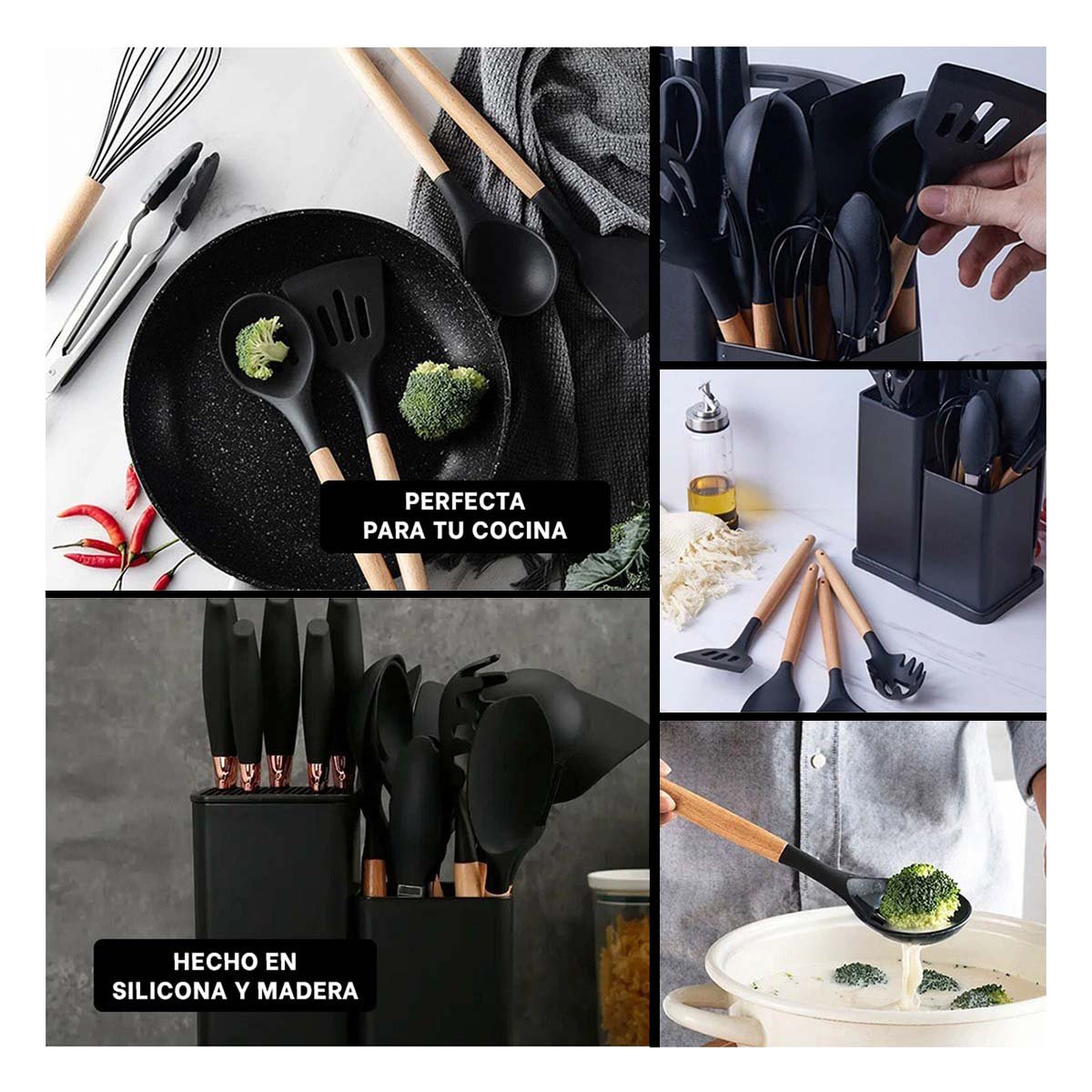 PACK2 UTENSILIOS 18 PIEZAS NEGRO PARA COCINA CON TABLA INOXIDABLE Y+PAPEL REGALO - 3