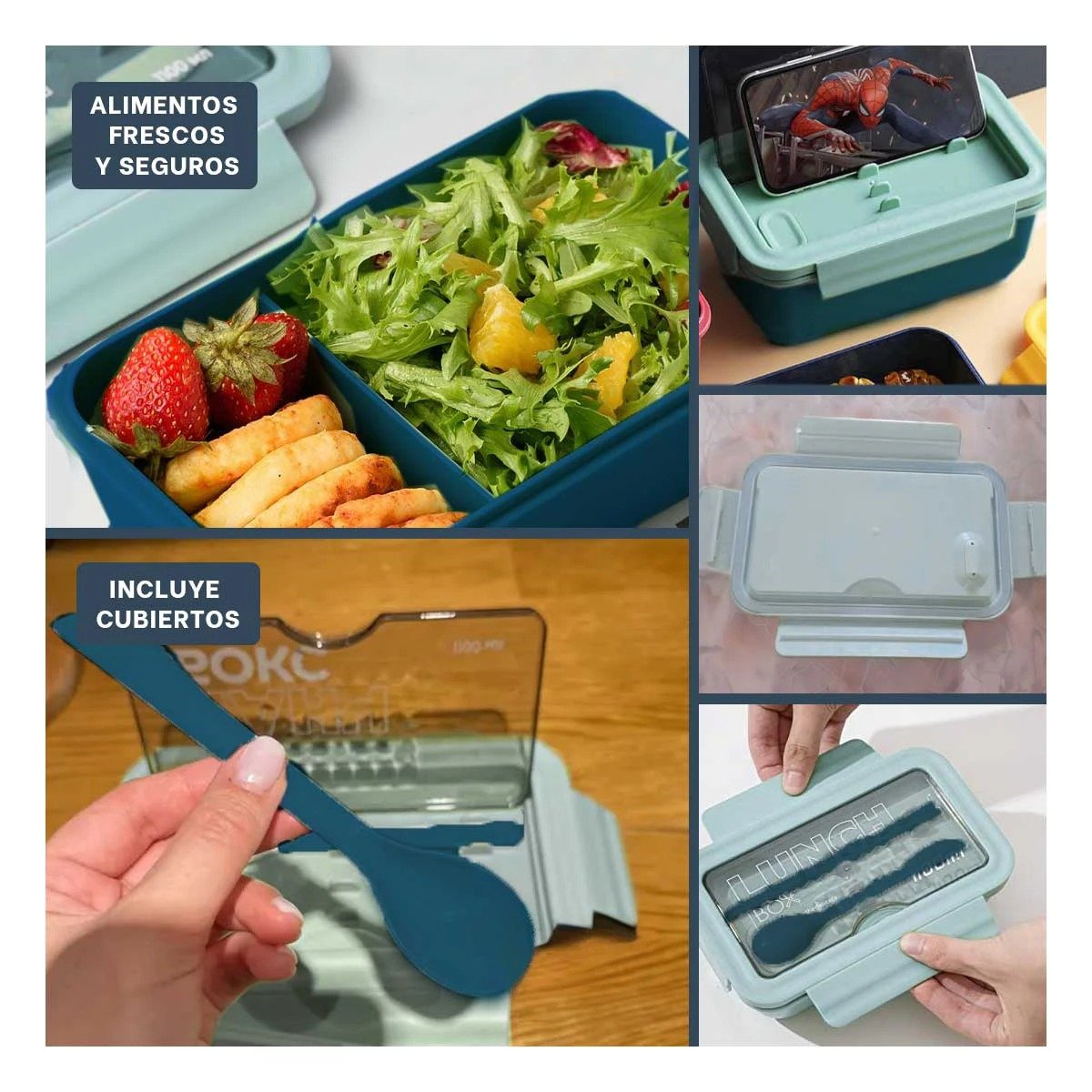 TAPER AZUL TIPO LUNCH BOX CON 1100ML Y ESPACIO INTERNO EN DOS COMPARTIMENTOS Y+POST IT - 2