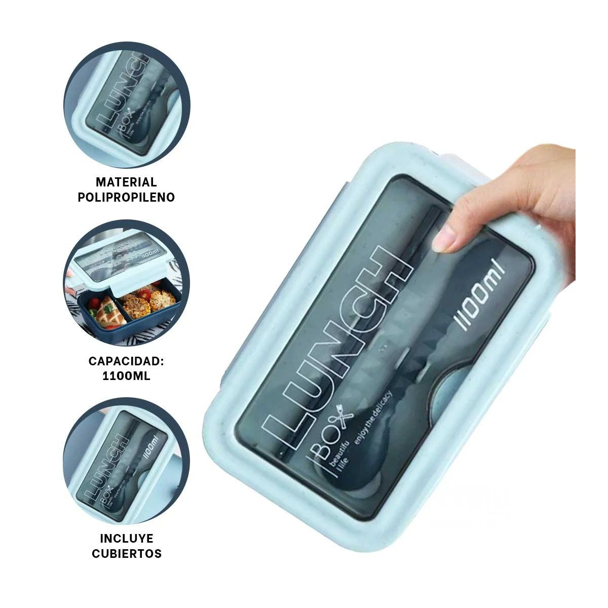 TAPER AZUL TIPO LUNCH BOX CON 1100ML Y ESPACIO INTERNO EN DOS COMPARTIMENTOS Y+POST IT - 5