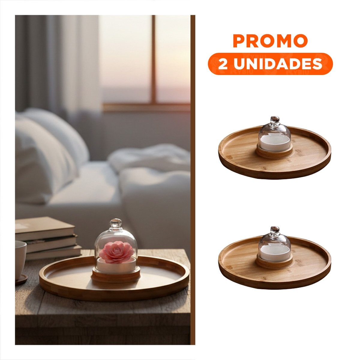 PACK2 PLATO CIRCULAR PARA SERVIR CON BOWL Y MINI CUPULA EN MADERA NATURAL YREGALO STICKER - 1