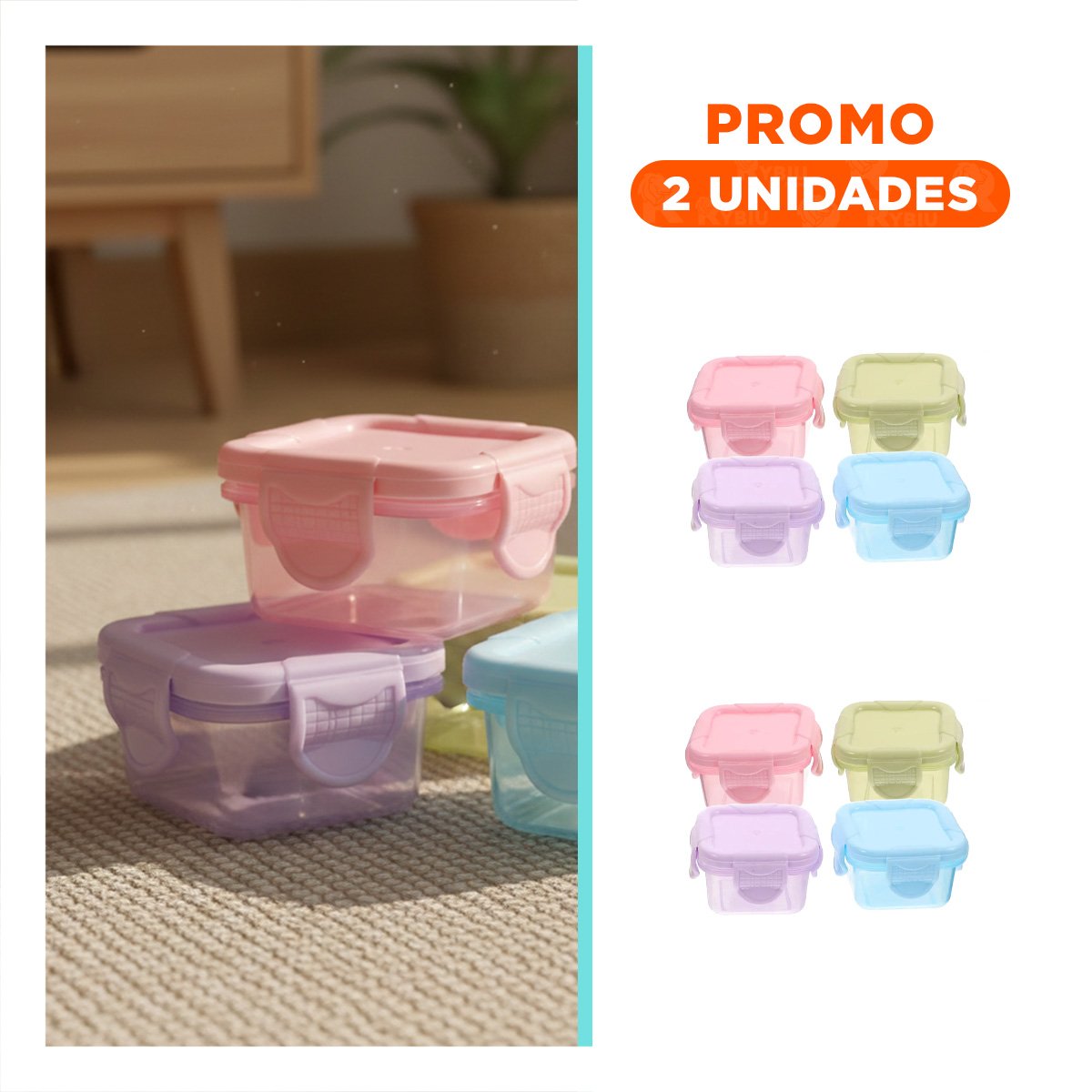 PACK2 CONTENEDORES MINI CON SEGURO 4 PIEZAS MULTICOLOR 6,2X4CM PARA USO DIARIO Y+REGALO STICKER - 1
